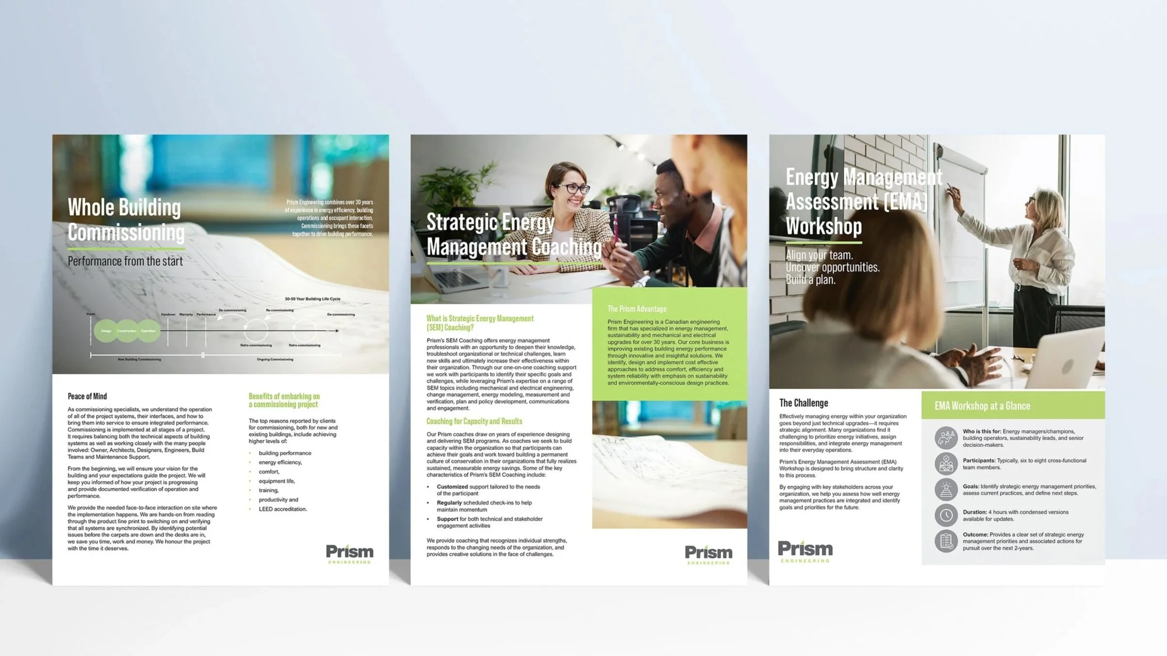 Three informational brochures about energy management, coaching, and assessments, with images of people in meetings and presentations in professional settings.