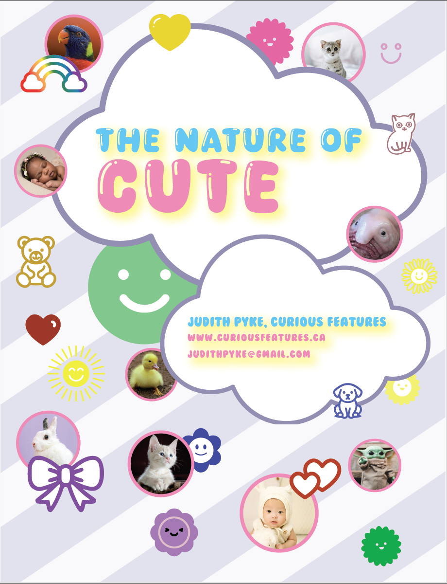 Cover page featuring a colourful graphic design titled 'The Nature of Cute' featuring images of animals, babies, and cartoon icons like hearts, sunflowers, clouds, rainbows, and a smiley face on a light background with diagonal stripes.