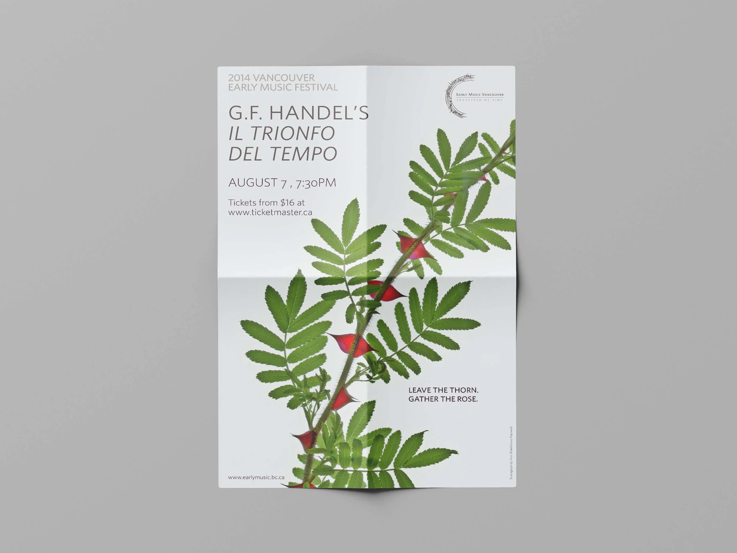 A flyer for the 2014 Vancouver Early Music Festival featuring a botanical illustration of a branch with green compound leaves and small red thorns or berries. The text highlights a concert by G.F. Handel titled "Il Trionfo Del Tempo," scheduled for August 7 at 7:30 PM, with ticket information and the festival's website.