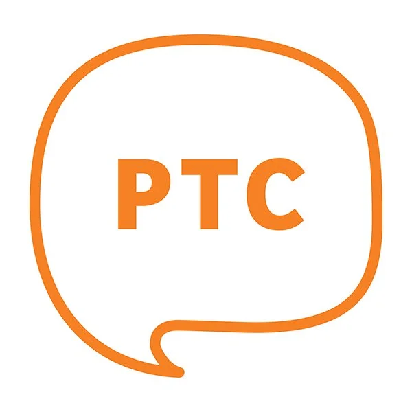 Orange speech bubble with the letters "PTC" inside in bold orange font.