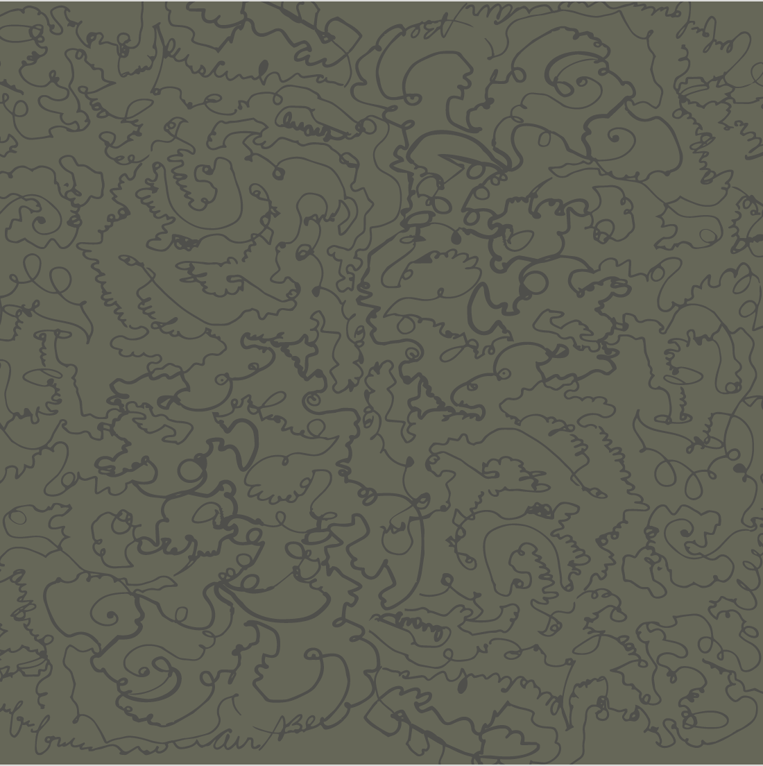 A dark, abstract line drawing with swirling, tangled lines on a muted olive green background.