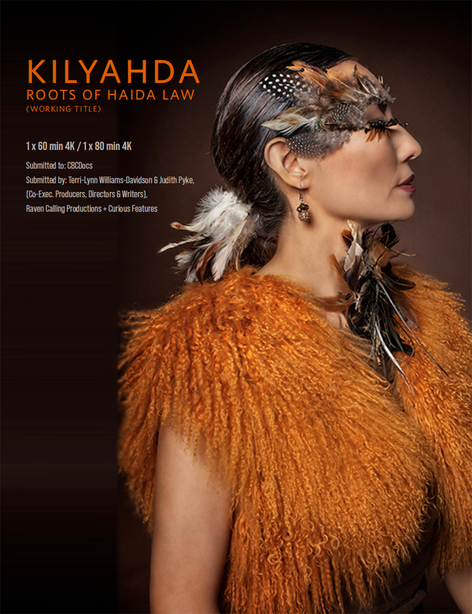 Cover page of a bookle describing a documentary titled "Kilyahda Roots of Haida Law" featuring a profile portrait of a woman with dark hair adorned with feathers, wearing an orange furry garment, with text detailing broadcast information and credits.
