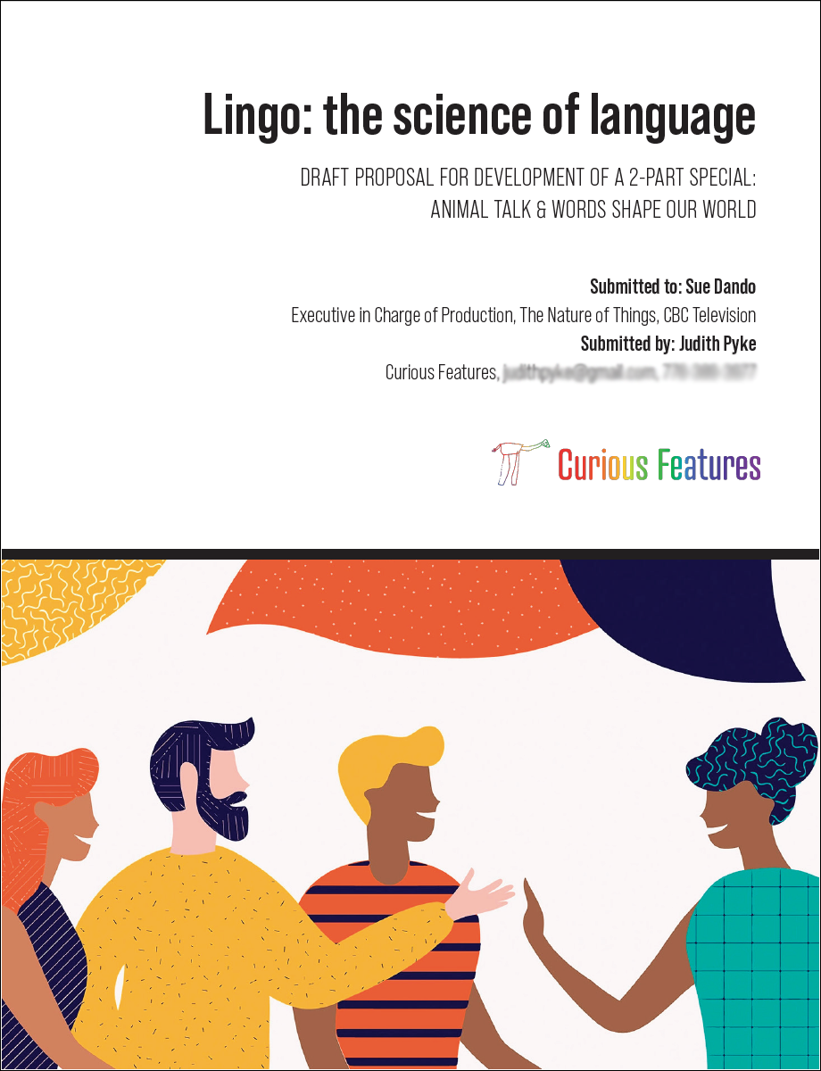 Cover page of a document titled 'Lingo: the science of language,' featuring colorful illustrated people engaging in conversation, with abstract shapes and vibrant colors.