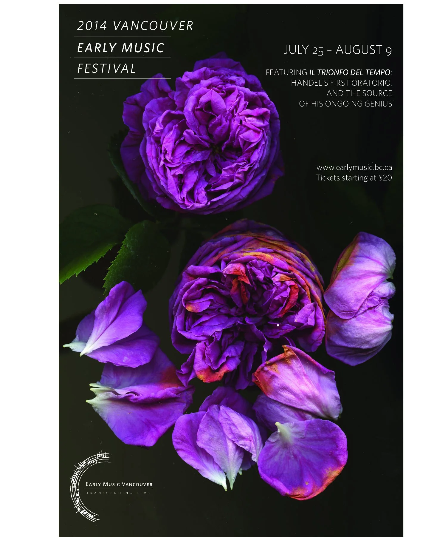 Poster for the 2014 Vancouver Early Music Festival featuring a close-up photograph of purple and pink roses with green leaves against a black background. The text includes event dates from July 25 to August 9, and mentions performances of Handel's first oratorio, Il Trionfo Del Tempo, and information about tickets starting at $20.