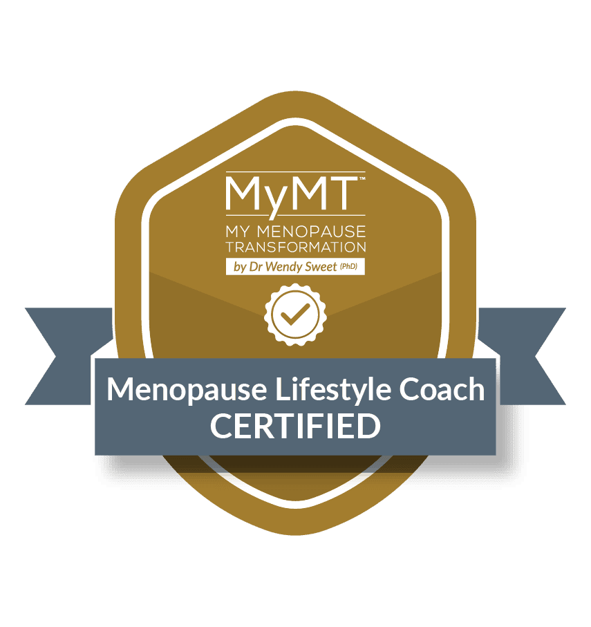 Badge with the text "My Menopause Transformation by Dr Wendy Sweet" and a checkmark in a circle, indicating certification as a Menopause Lifestyle Coach.
