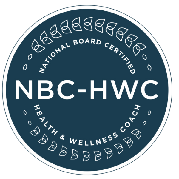 Seal with the text 'National Board Certified NBC-HWC Health & Wellness Coach' and decorative leaf patterns around the border.