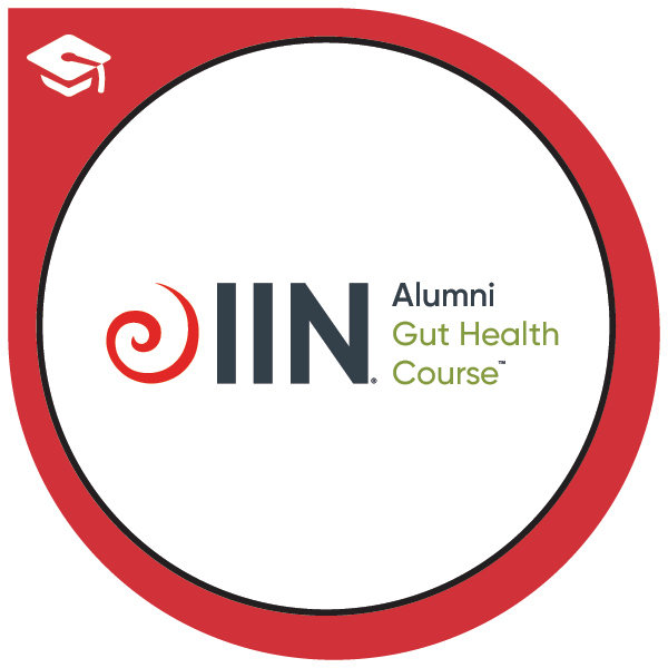 College alumni gut health course logo with a red and black background, a red spiral icon, and text reading 'OIN Alumni Gut Health Course'.