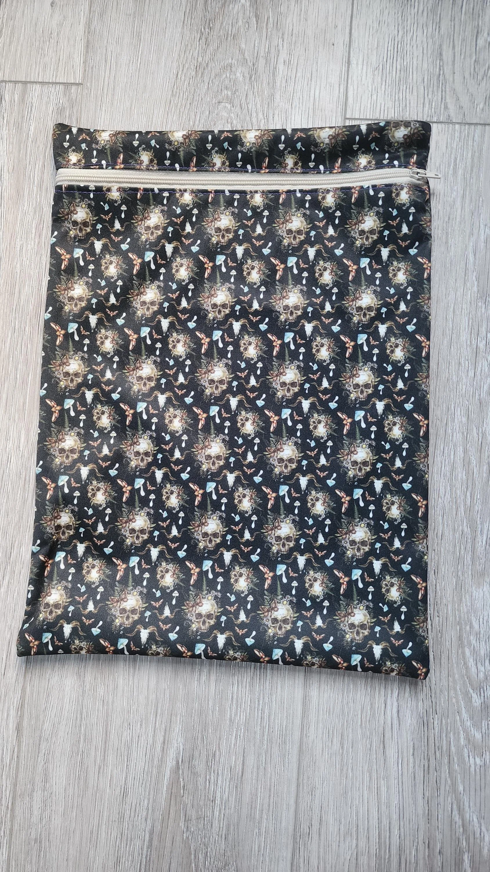 Large Zipper Closure Wet Bag | Small Scale Skulls, Moth, Mushroom