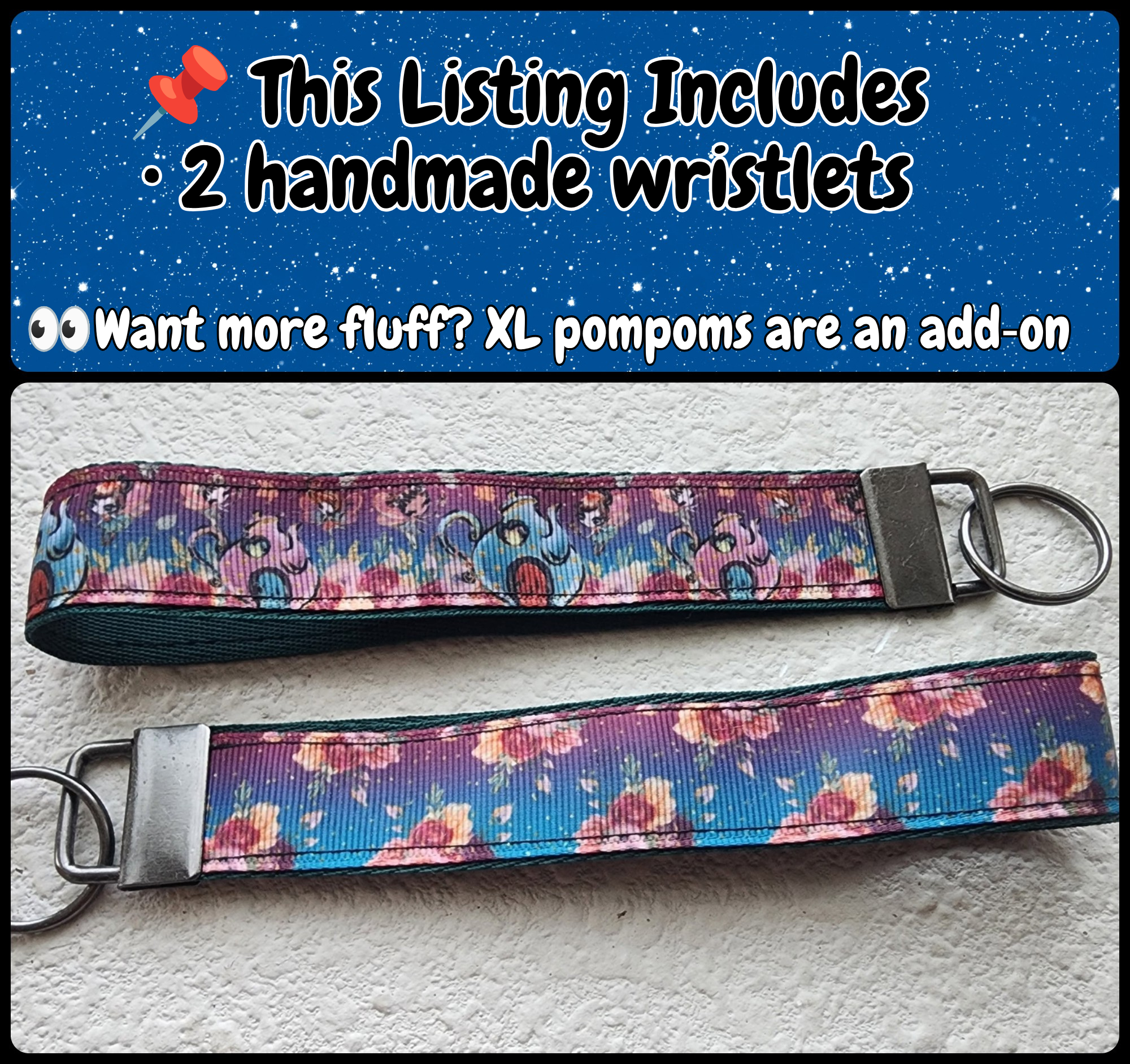 Set of 2 Faux Leather Wristlet Key Fobs | Kawaii Fairy Tea pot & Floral