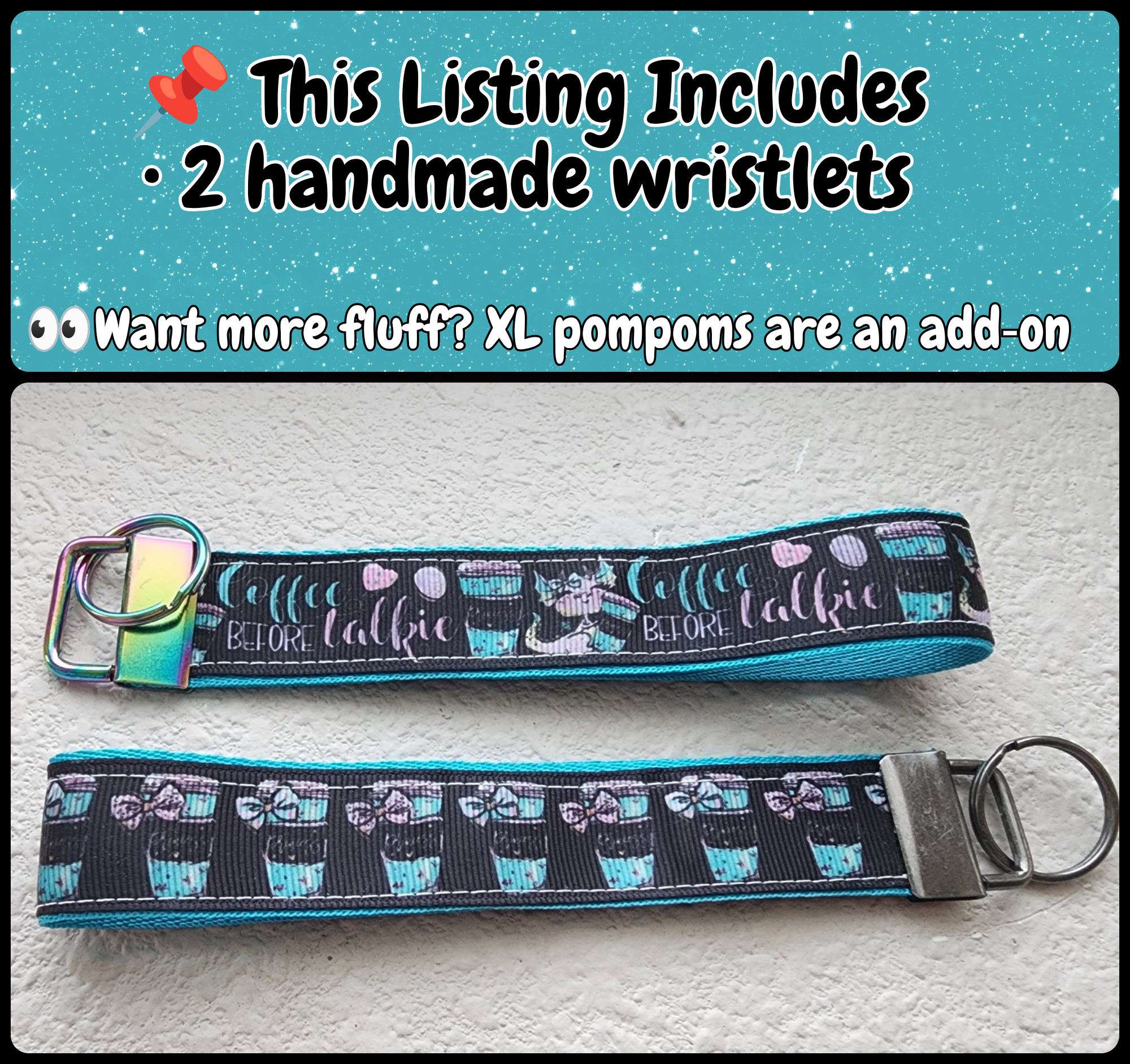 Set of 2 Faux Leather Wristlet Key Fobs | Kawaii Dragon Coffee & Bows