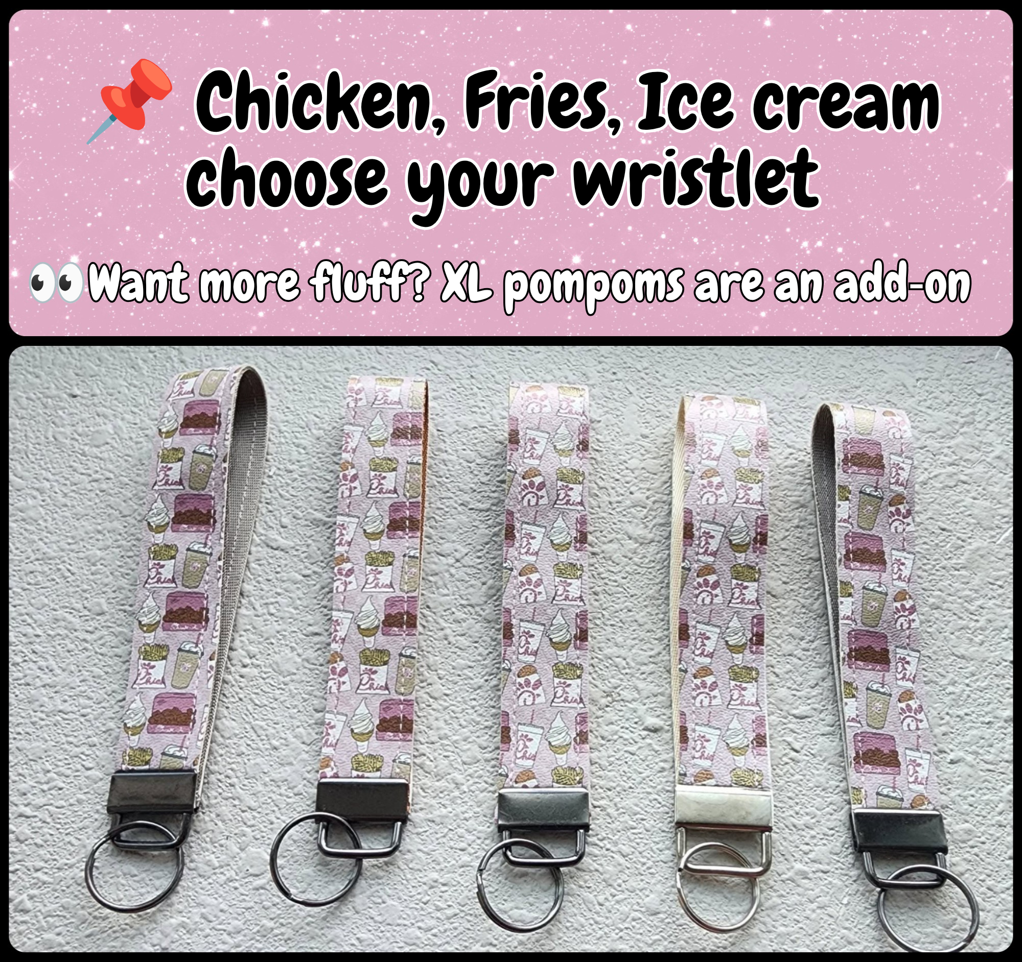 1" Wide Faux Leather Wristlet Key Fobs | Pink Chicken, Fries, Ice cream