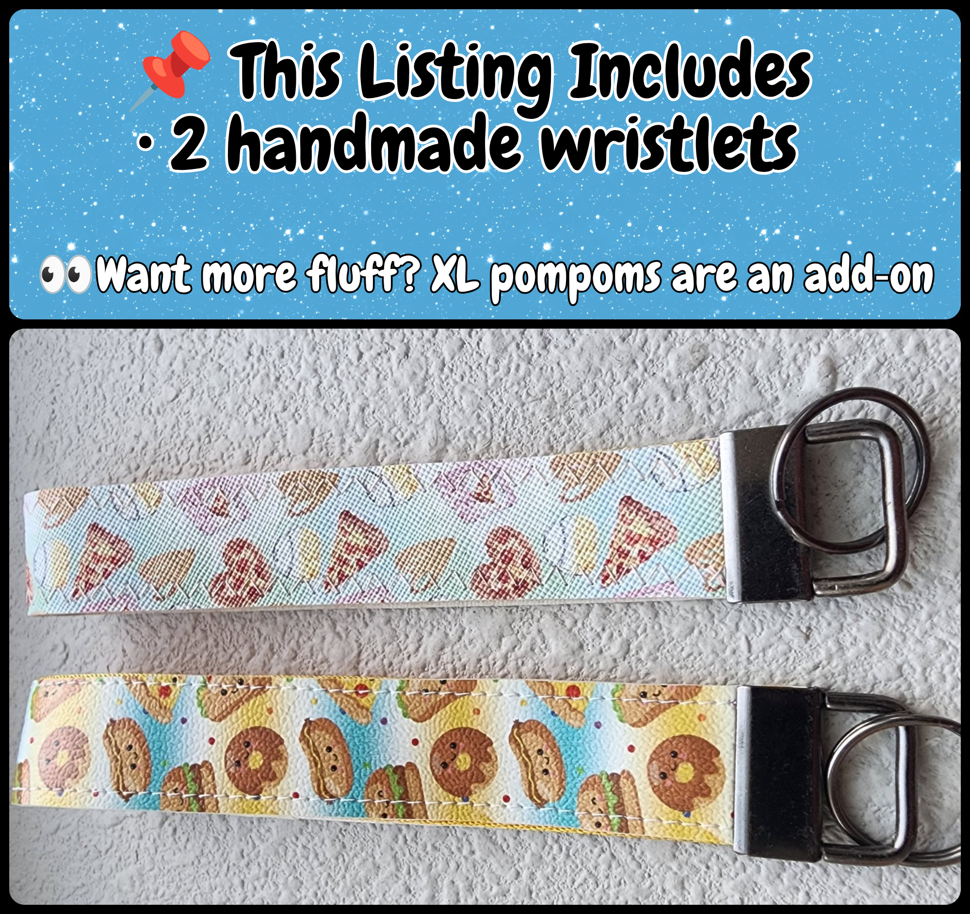 Set of 2 Faux Leather Wristlet Key Fobs | Fast Food, Pizza, Burgers, Drink