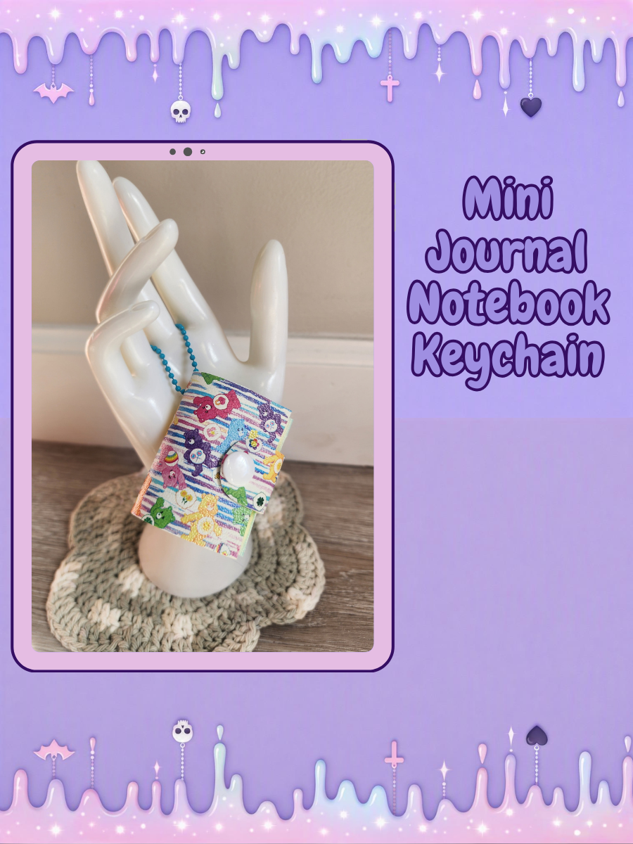Refillable Mini Journal Keychain - Care Bear