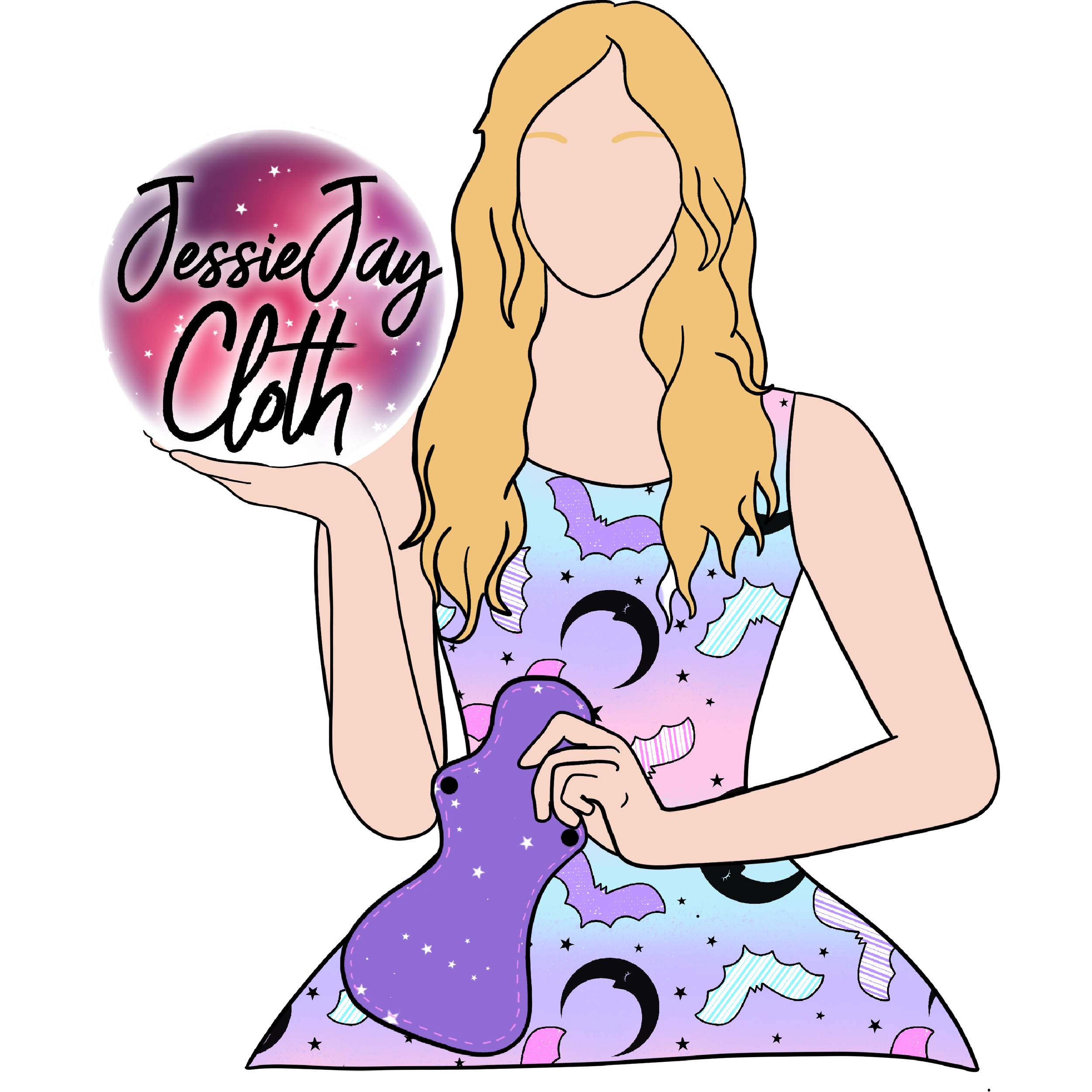 Illustration of a woman with long blonde hair holding a crystal ball with the text 'JessieJay Chat' written on it. The woman is wearing a colorful dress with celestial and galaxy patterns.