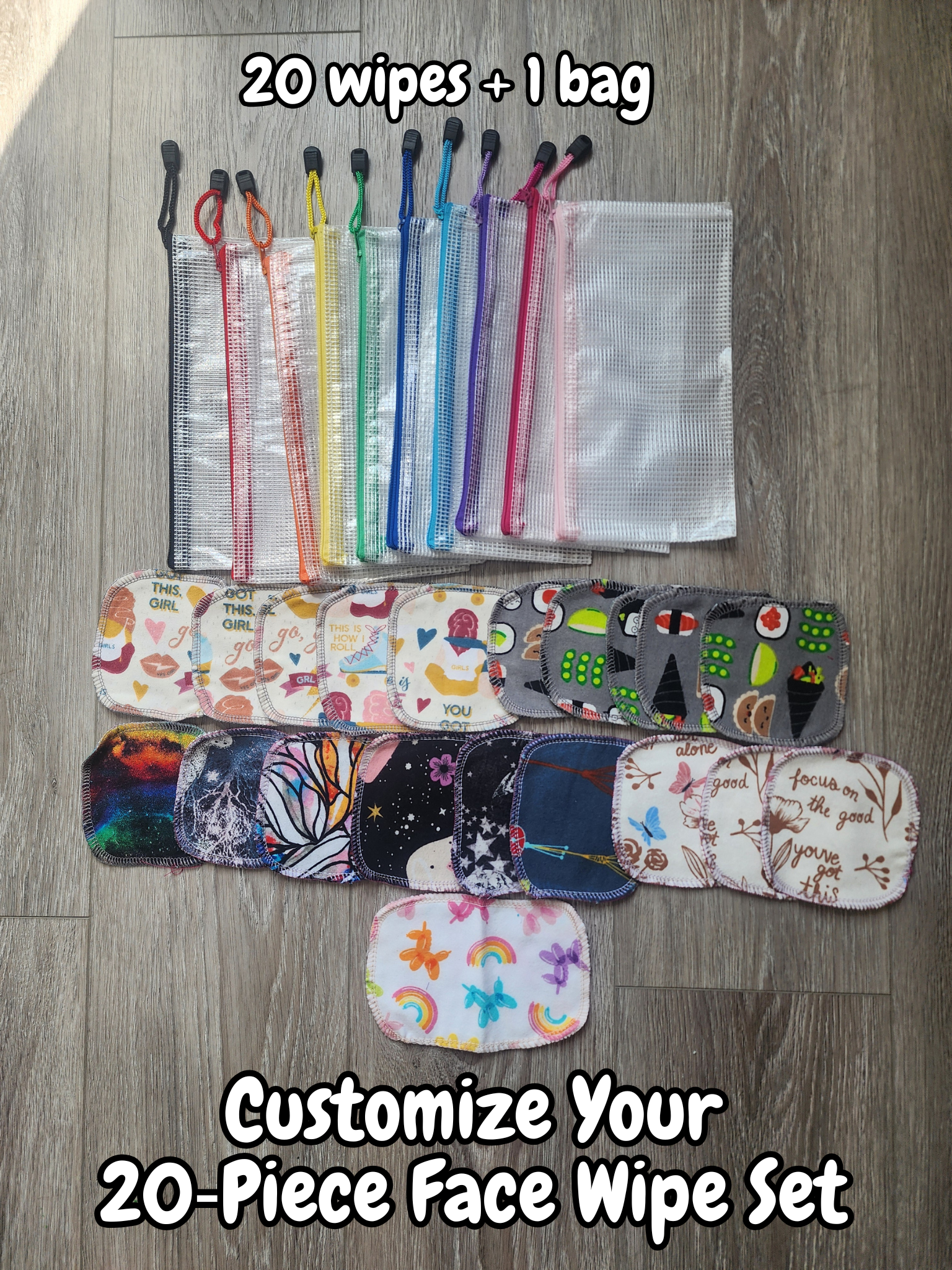 Customize your 20-piece face wipe set | Storage Bag Included