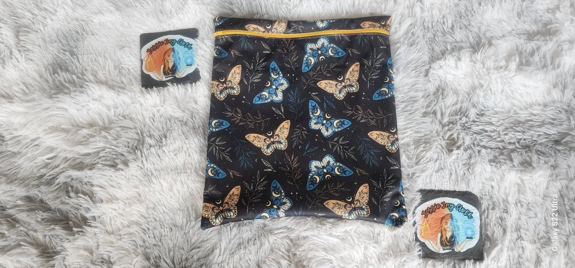 Large Zipper Closure Wet Bag | Blue Orange Moth