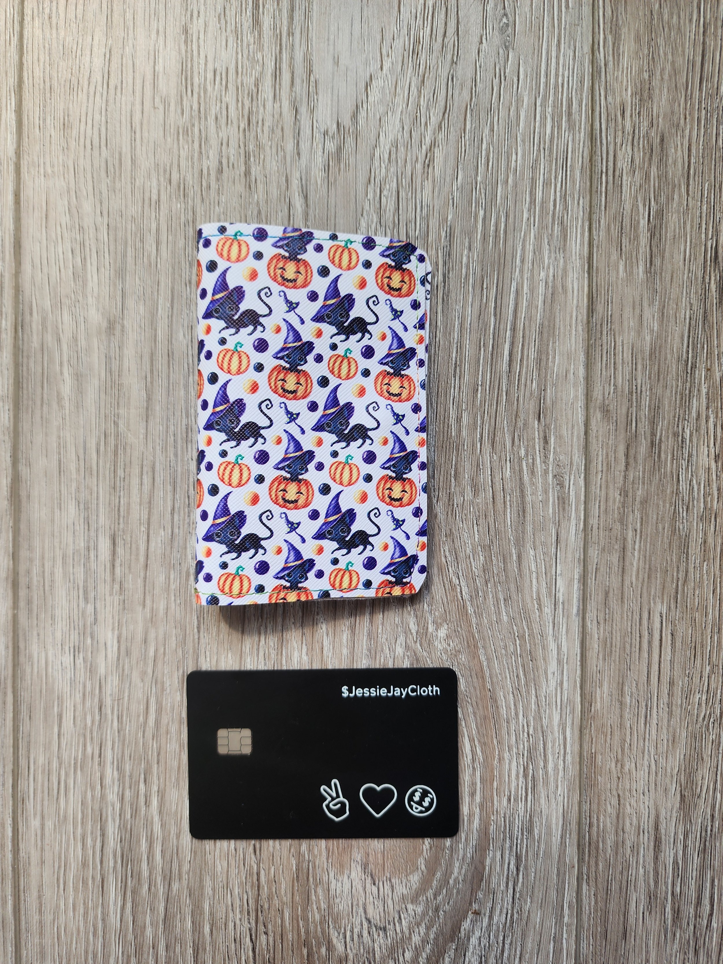 Minimalist Card Wallet | Holds 16–18 Cards | Black cat on pumpkin