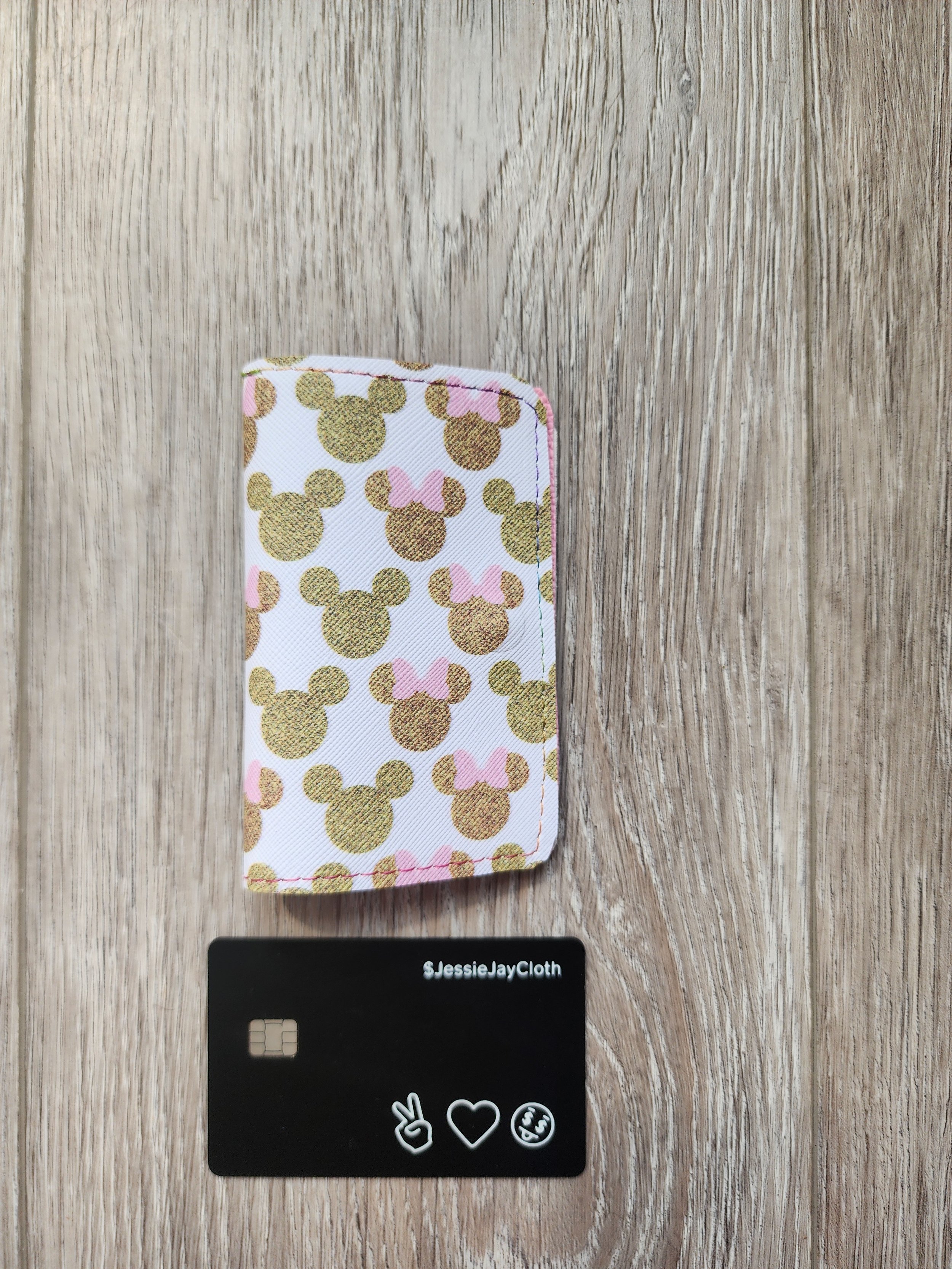 Minimalist Card Wallet | Holds 16–18 Cards | Gold Mouse, Pink Bow