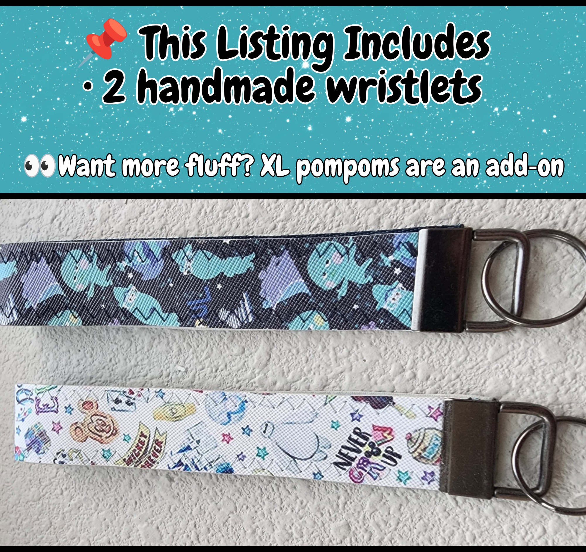 Set of 2 Faux Leather Wristlet Key Fobs | Never Give up, SOUL