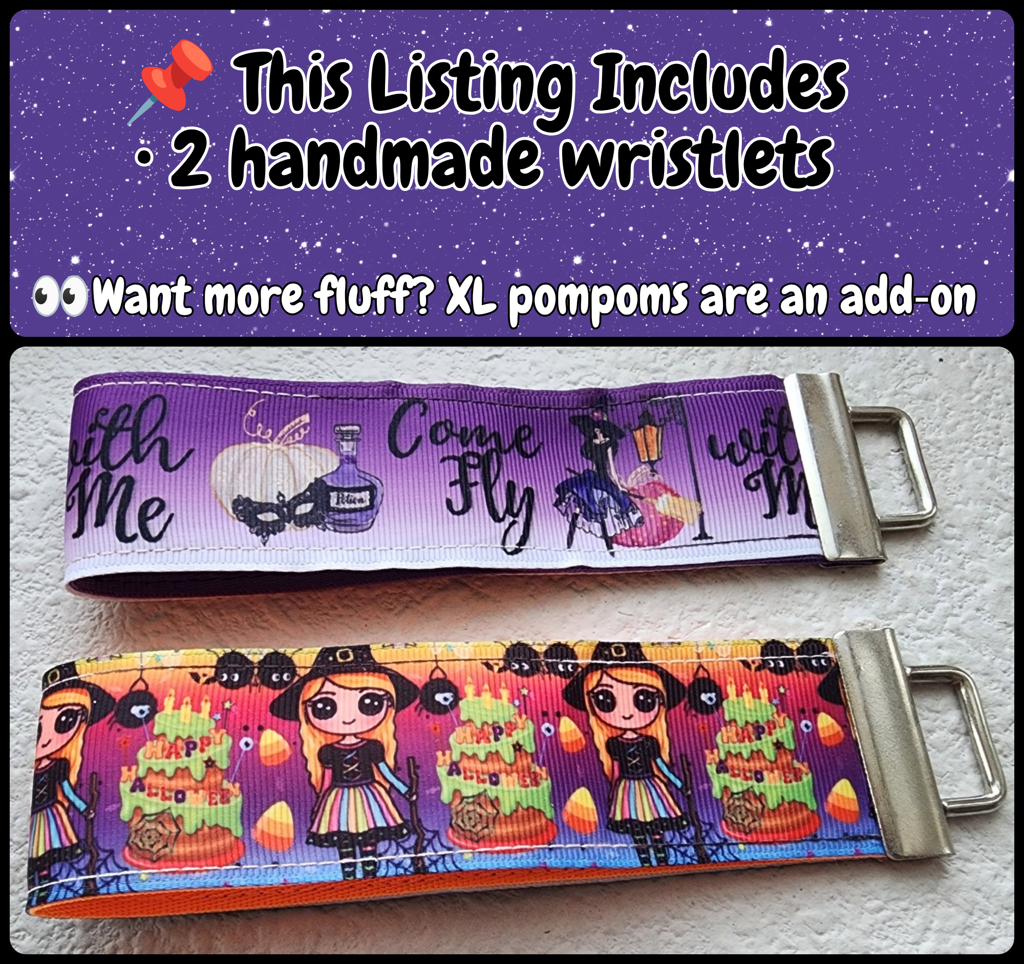 Set of 2 Faux Leather Wristlet Key Fobs | Cute Witch, come fly with me