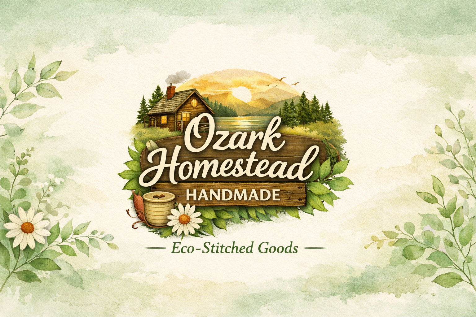Watercolor illustration of Ozark Homestead logo with a log cabin by a lake, mountains, trees, and a sunset in the background. Surrounding leaves and daisies, with text indicating handmade, eco-stiched goods.