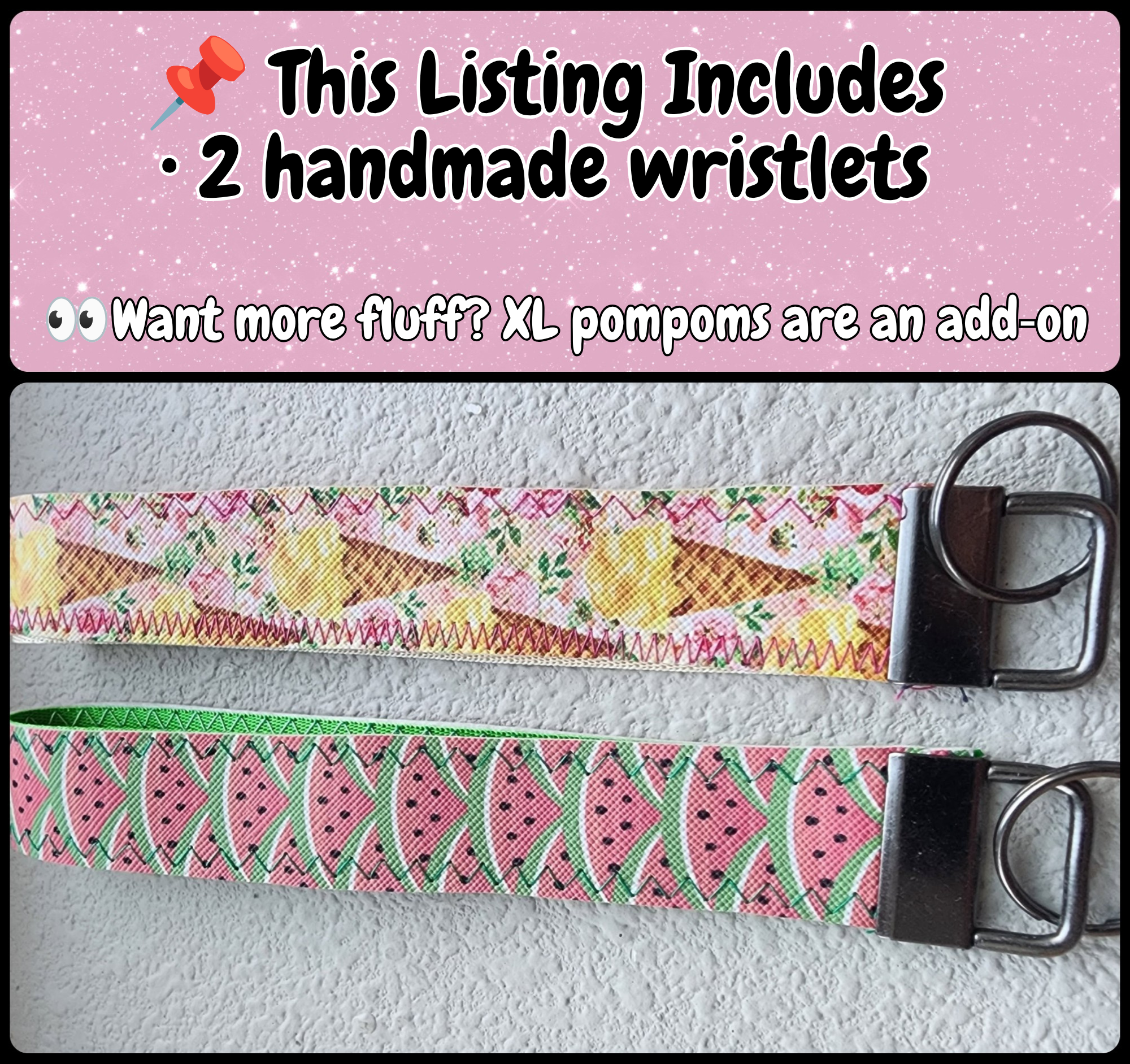 Set of 2 Faux Leather Wristlet Key Fobs | Summer Watermelon & Ice cream