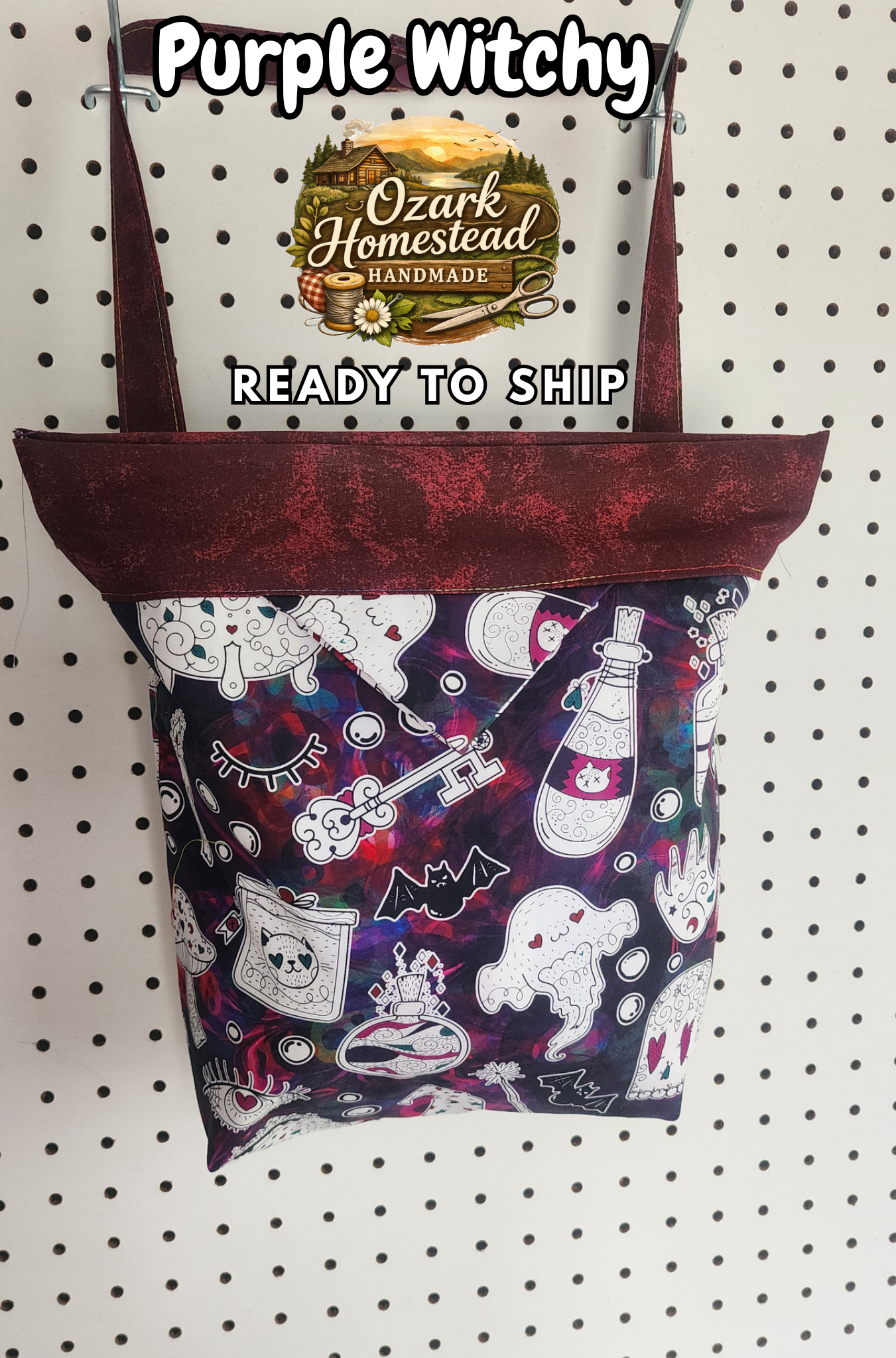 Snap‑Closed Hanging Car Trash Bag | Witchy Icons on Purple