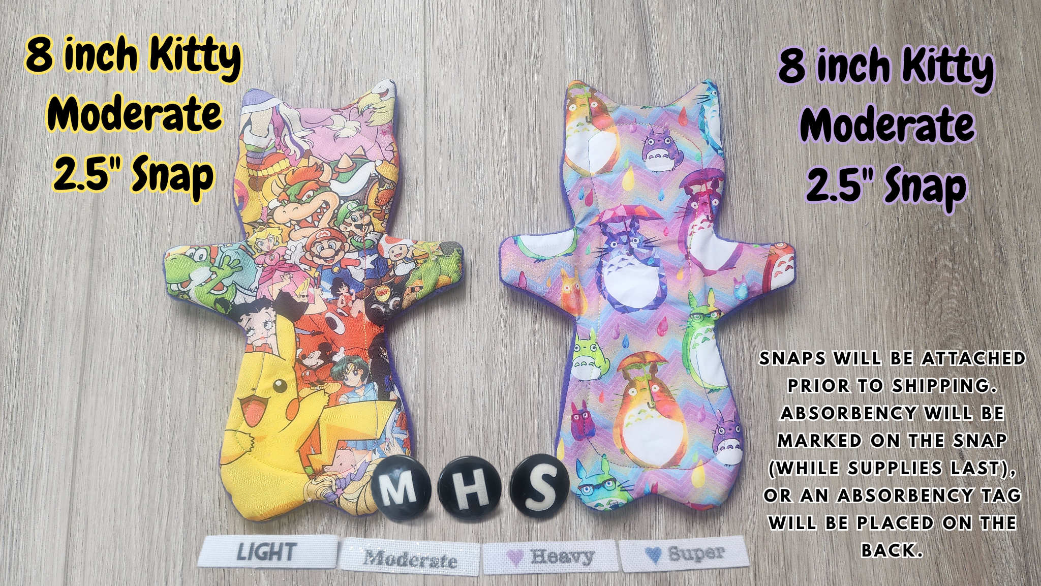 8-inch Moderate Kitty Cloth Pads | 2.5 inch snapped width