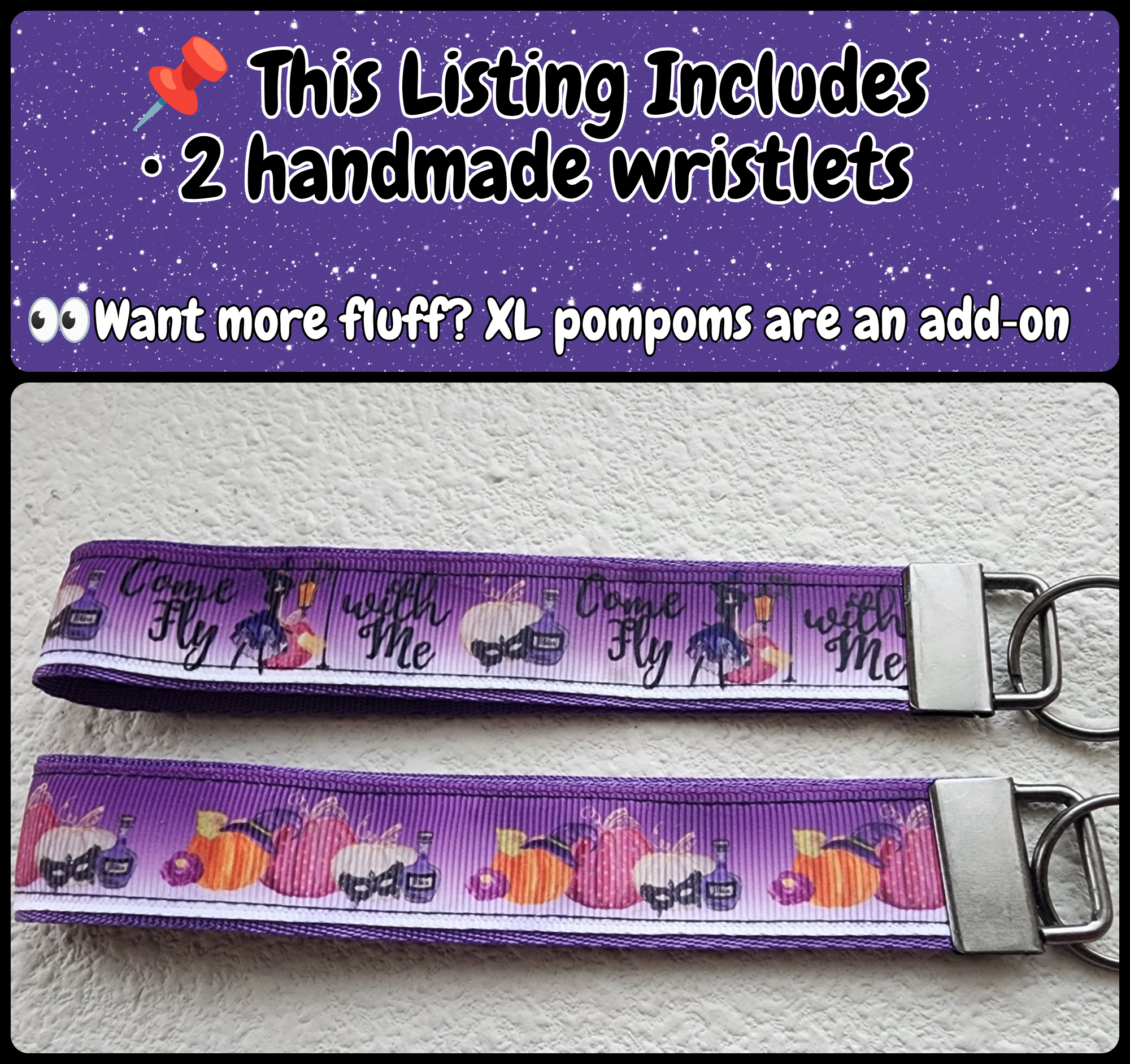 Set of 2 Faux Leather Wristlet Key Fobs | Fall Masquerade, Witchy Come fly