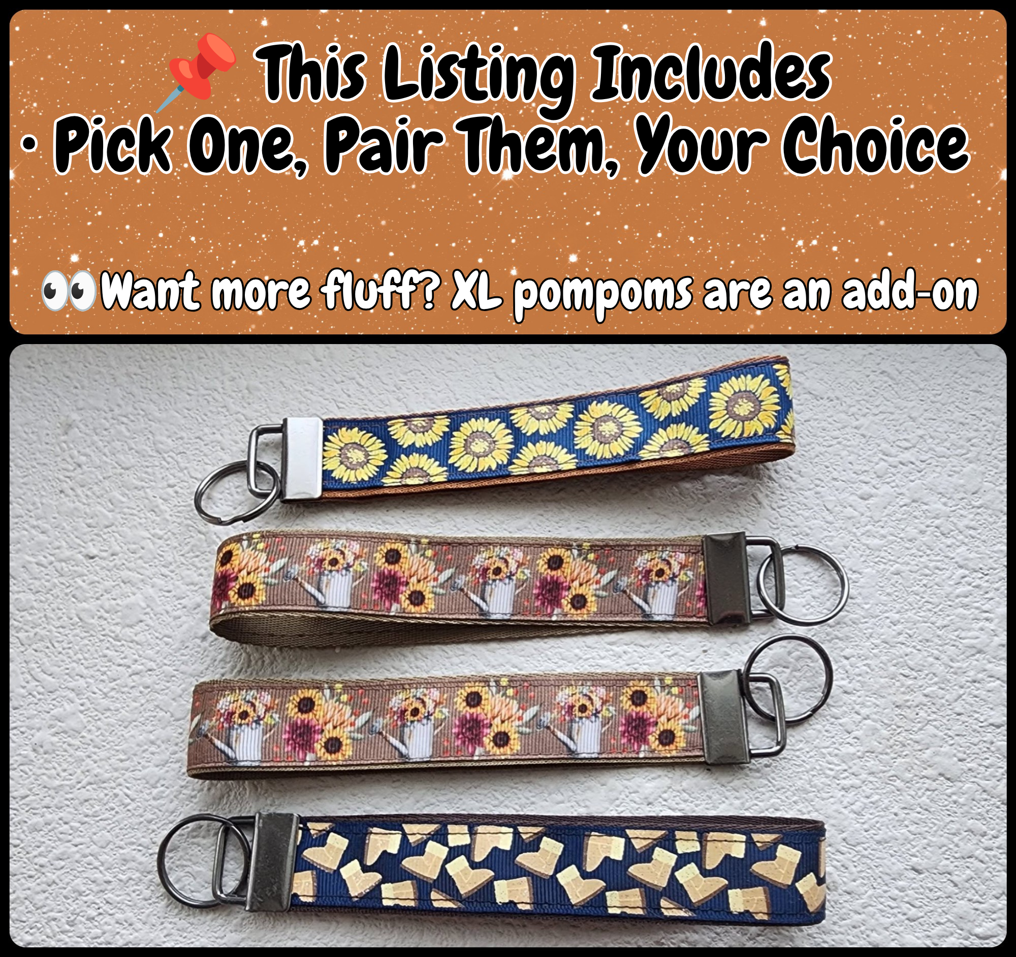 1" Wide Faux Leather Wristlet Key Fobs | Winter Boots, Sunflower, Planter