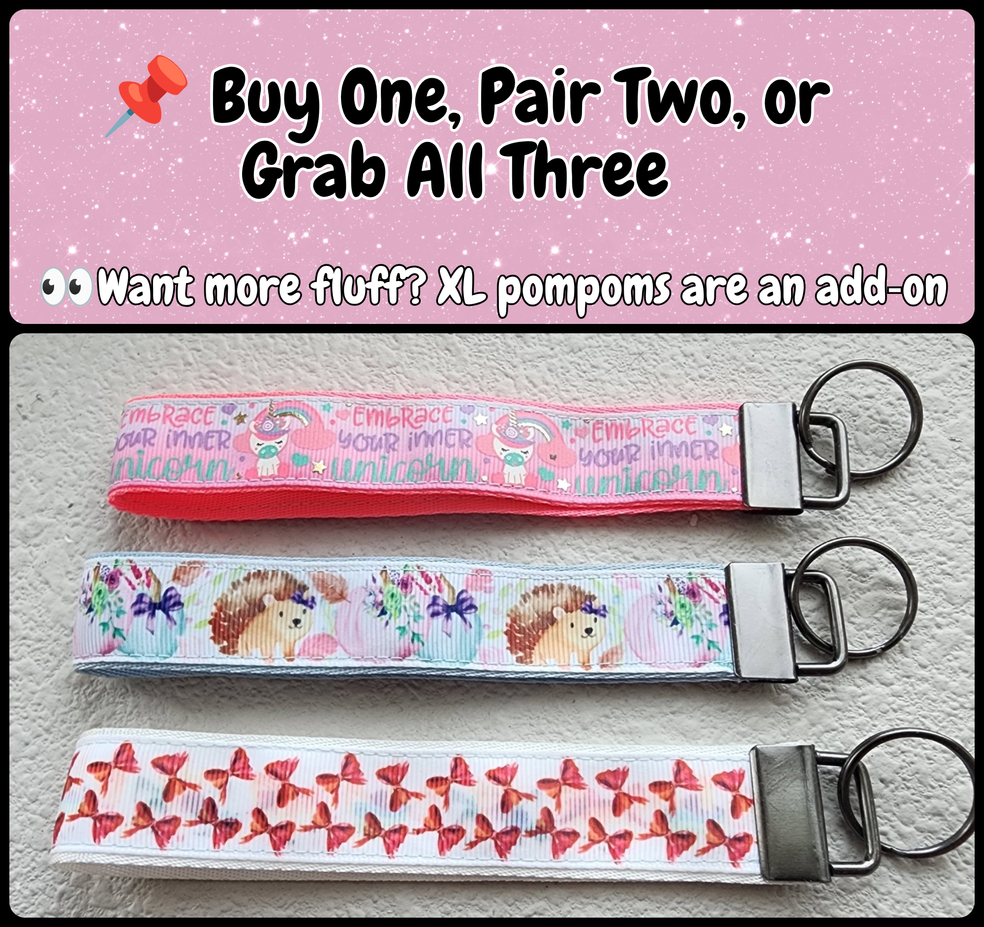 1" Wide Faux Leather Wristlet Key Fobs | Unicorn, Hedgehog, Bows