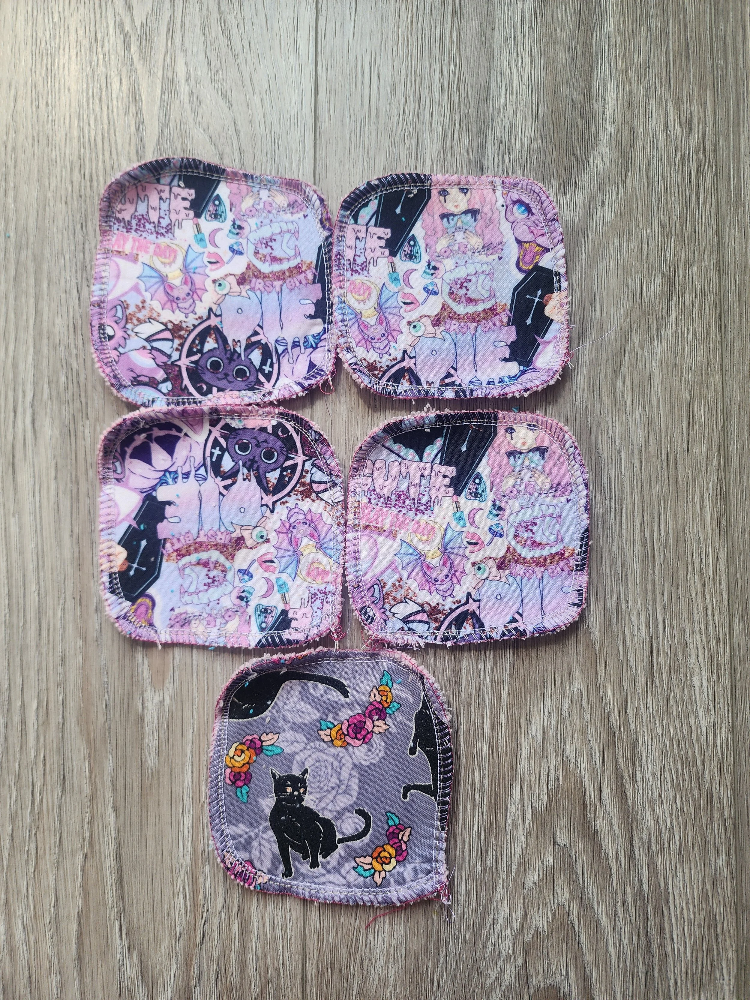 5 Piece Face Wipe Set | Cotton + Terry Cloth | Gothic Pastel + Kitty