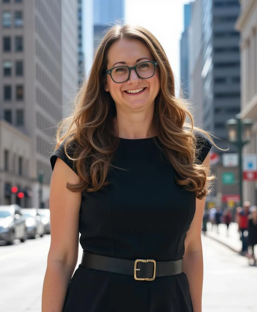 A woman with long brown hair and glasses smiling in an urban city setting during daytime, wearing a black dress with a belt.