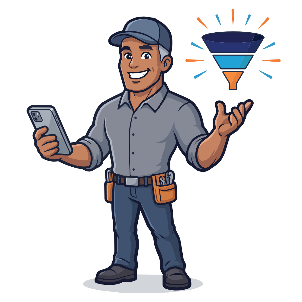 HVAC Lead Funnel Mascot, Mr. Saco, pictured holding a cell phone and the brand icon tri-color funnel while smiling