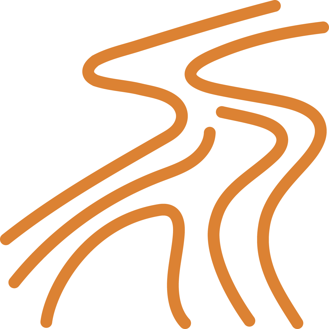 Stylized illustration of a winding road or stream with multiple paths, in brown on a black background.
