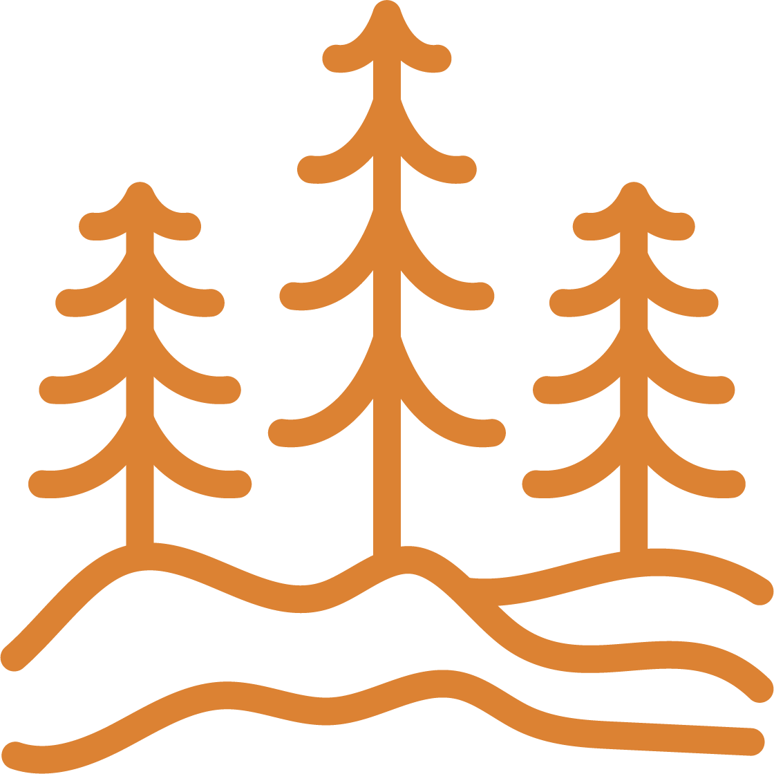 Line drawing of three pine trees on a small hill near a body of water.