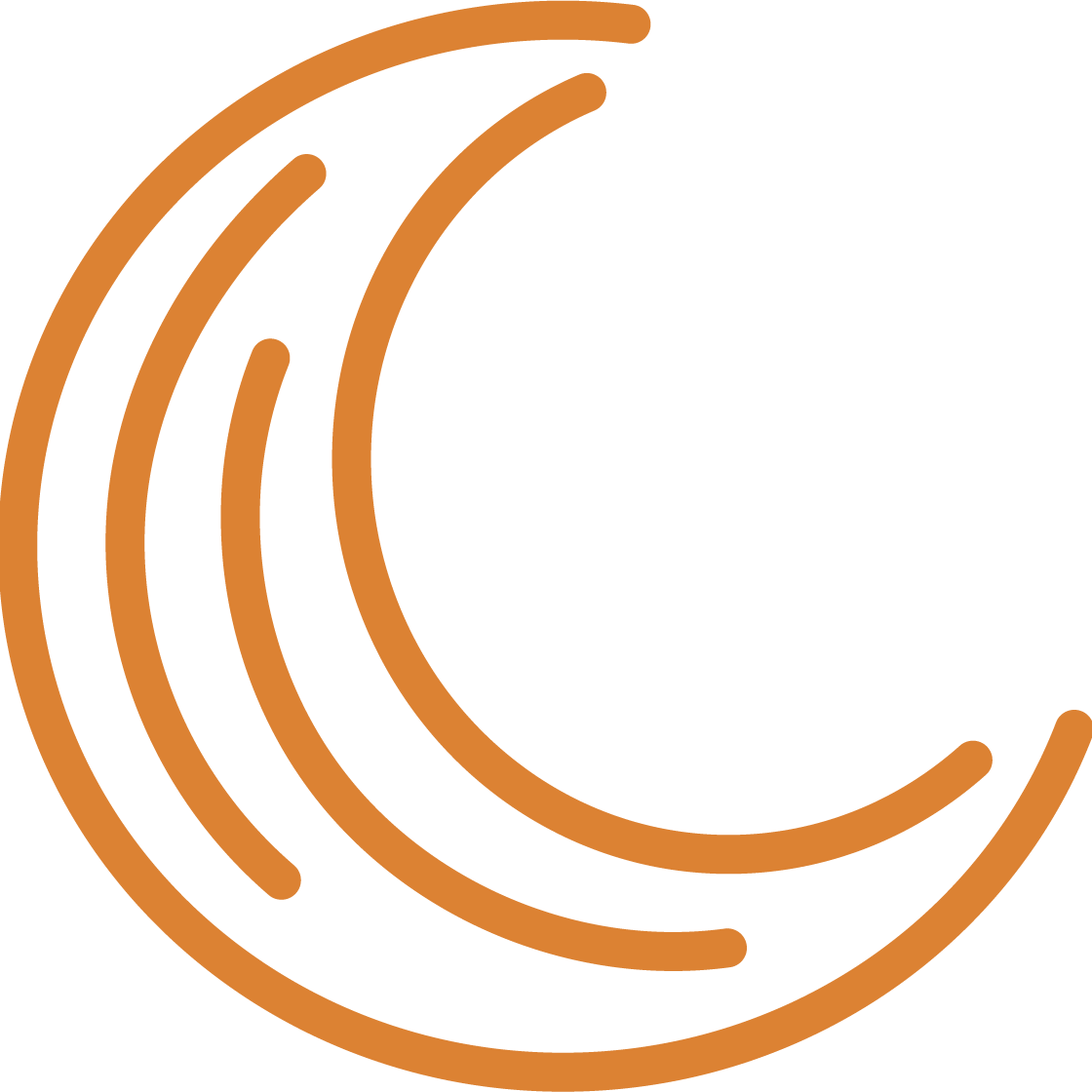 Minimalist logo with overlapping curved lines forming a moon on a black background.