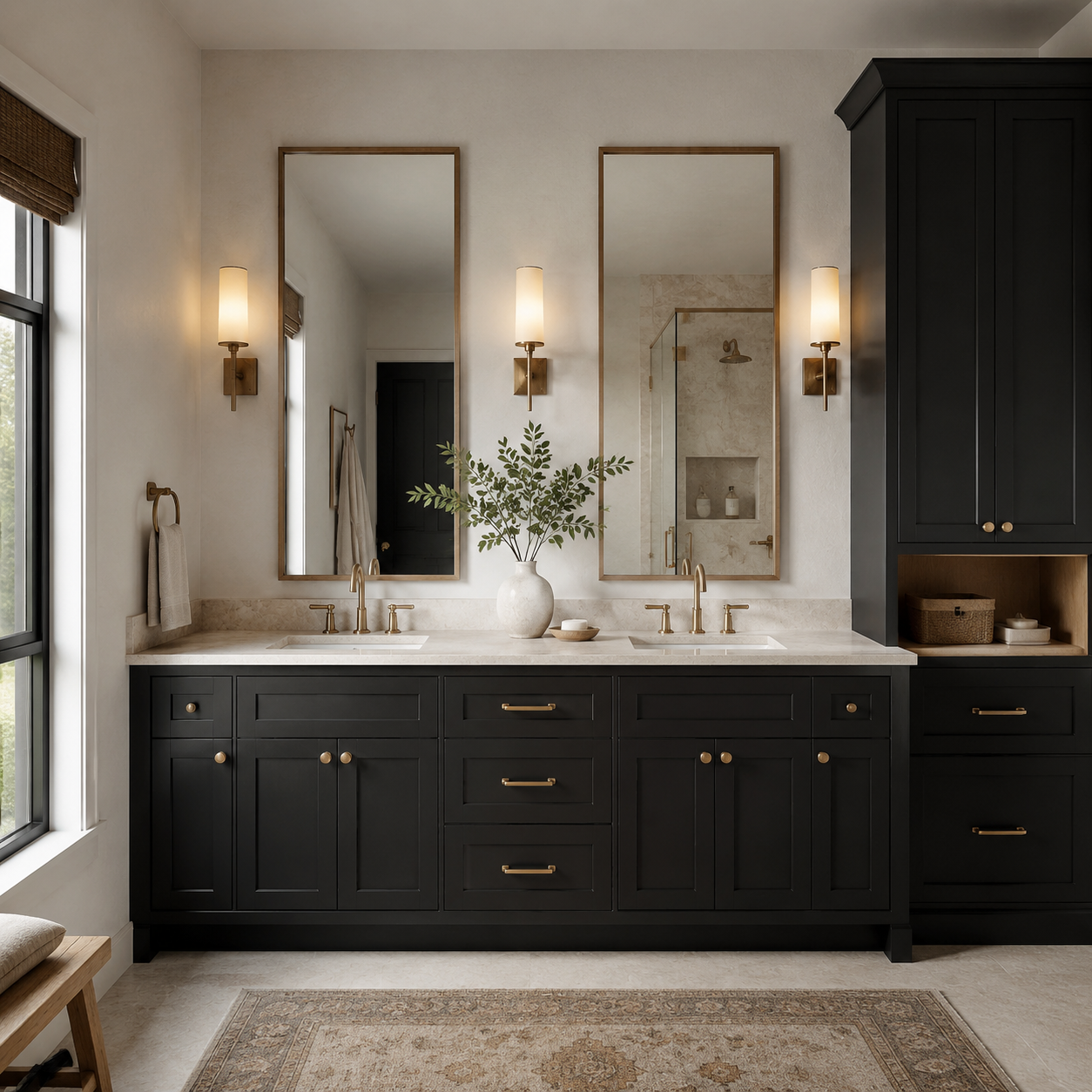 Bathroom with black oak shaker cabinets and gold hardware