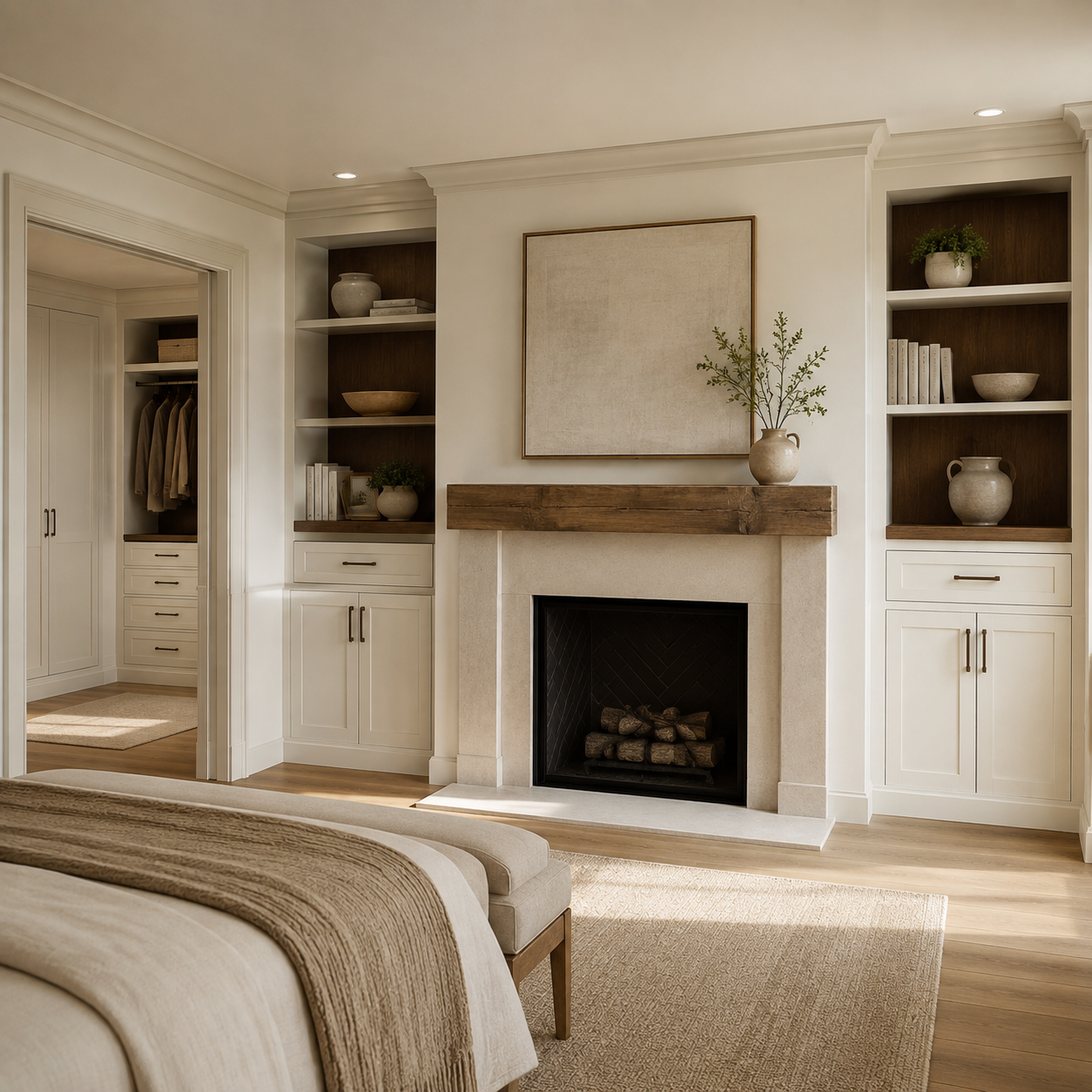 Modern organic master bedroom with built-ins and fireplace