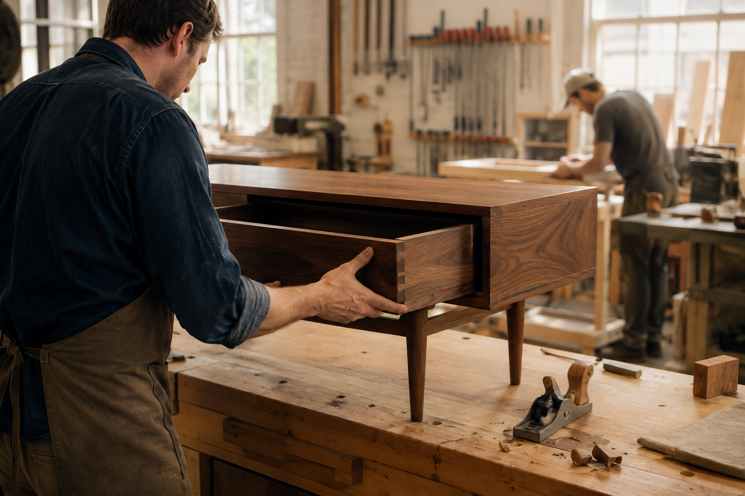 Carpenter fitting a drawer in a handmade walnut nightstand
