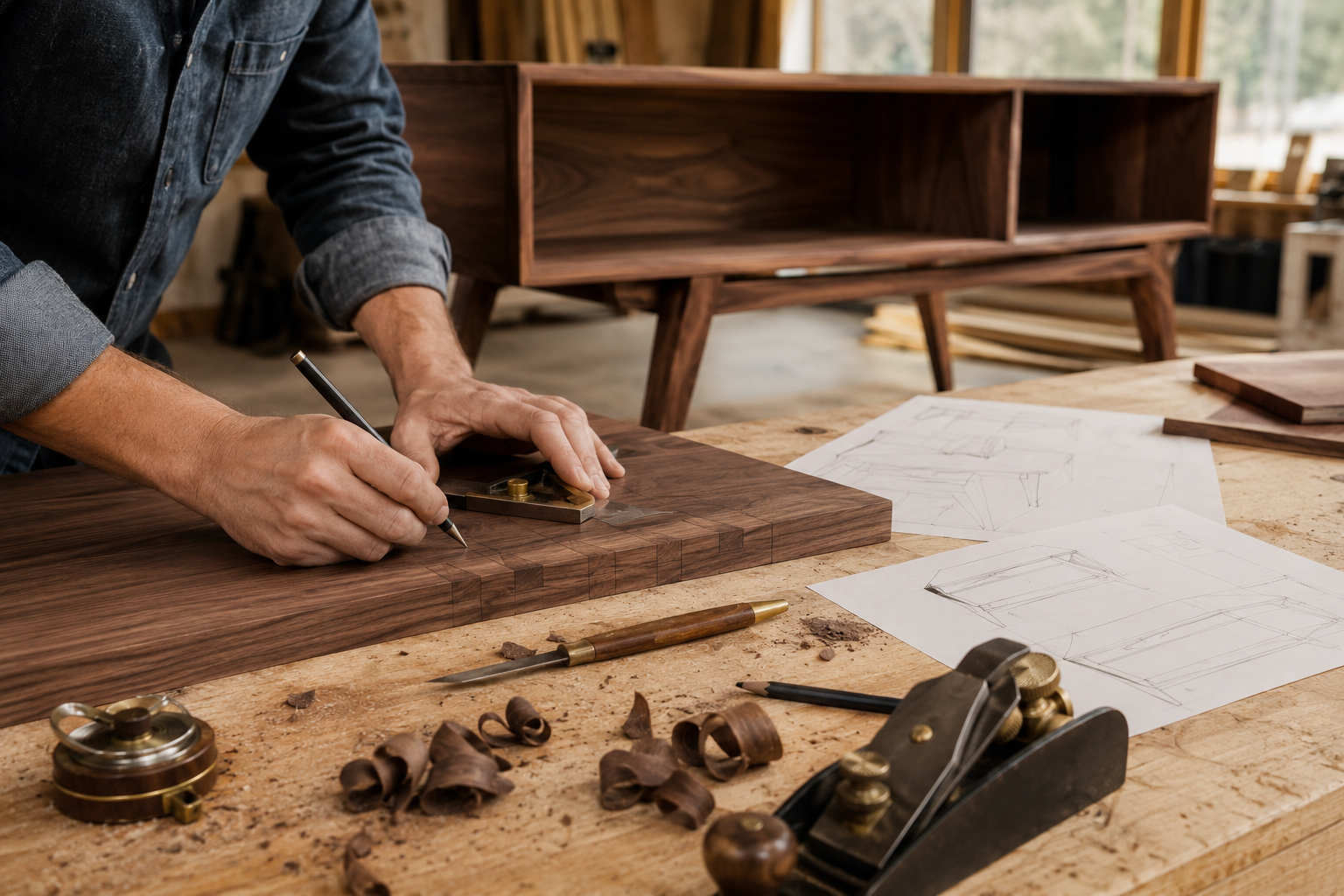 Craftsman designing and marking walnut furniture beside custom sketches in a Clearwater woodworking shop.