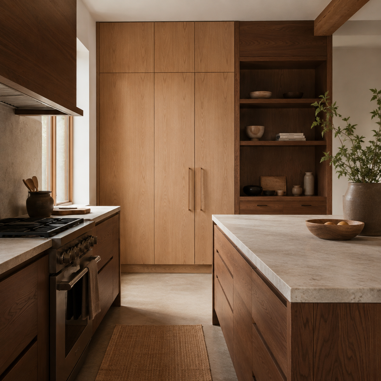 Modern white oak Kitchen with stone counter