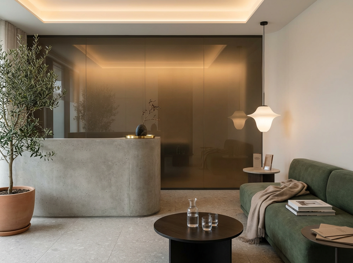 Modern lobby with a concrete reception desk, a large potted plant, a green sofa with a blanket and books, hanging pendant lights, and a small wooden side table.