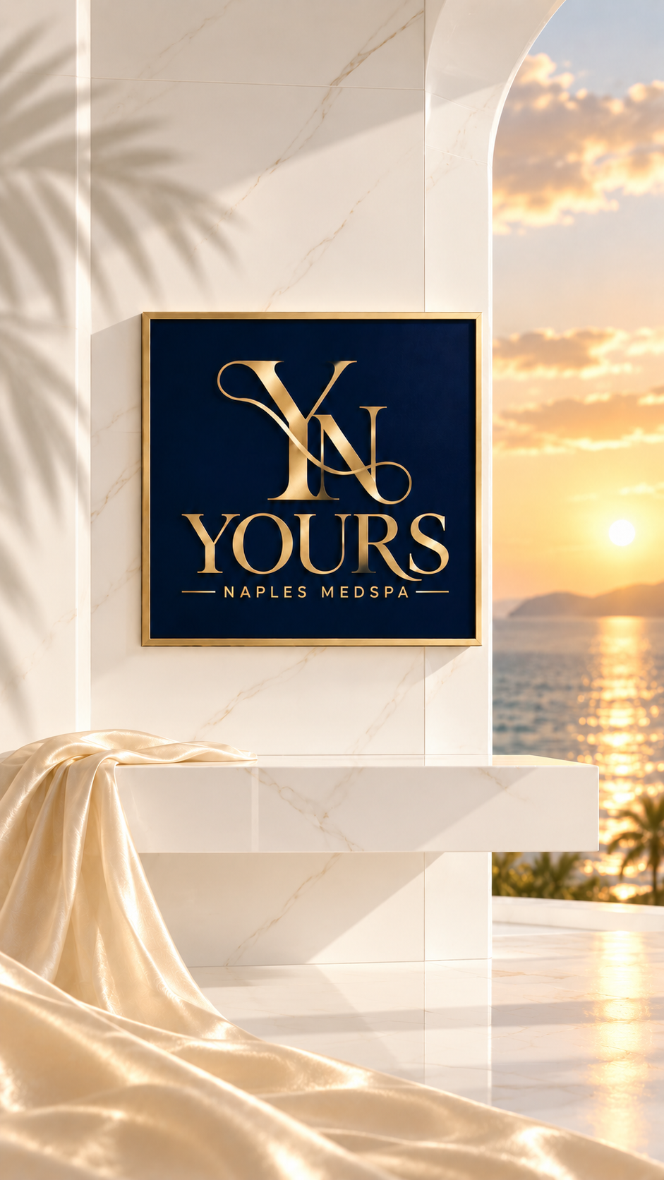 Sign for 'Yours Naples Medspa' on a wall with a sunset view over the ocean.
