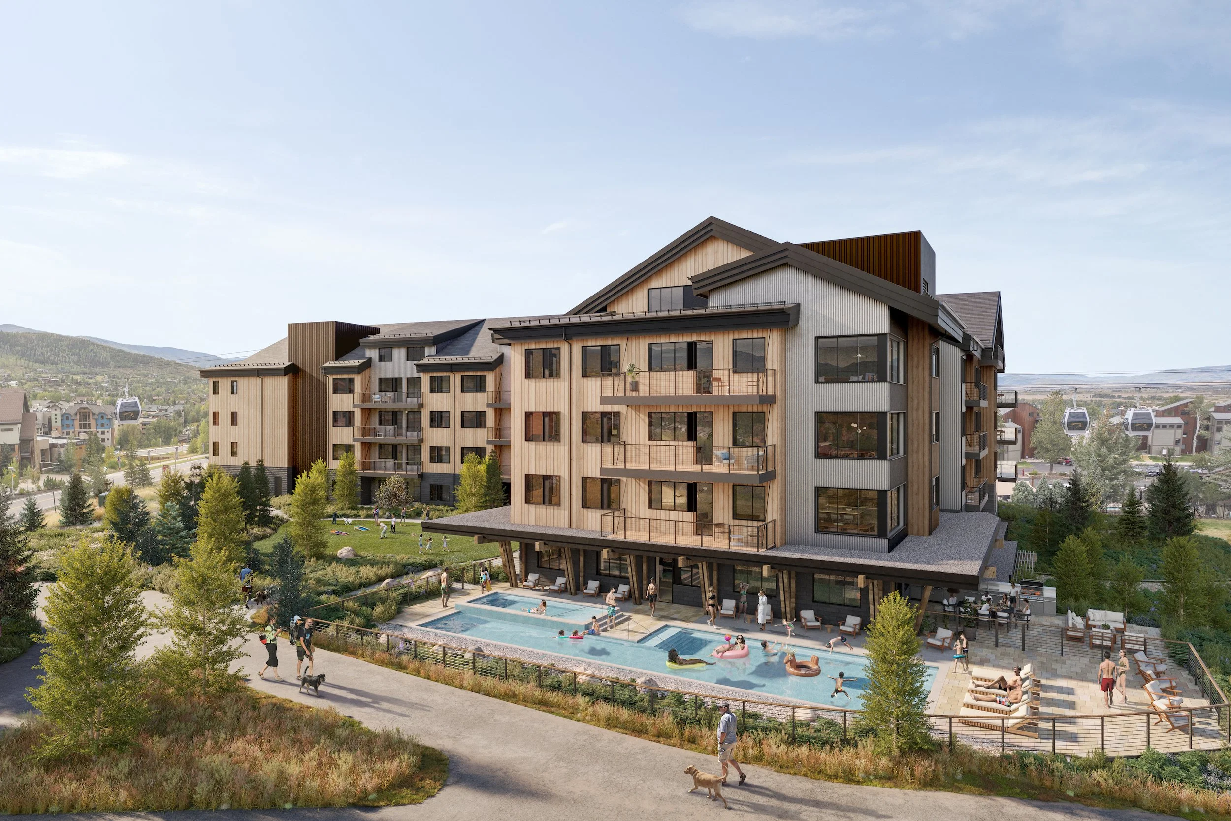 A modern multi-story apartment building with wood and metal exterior, surrounded by greenery, with a swimming pool and people relaxing and playing in the pool area.