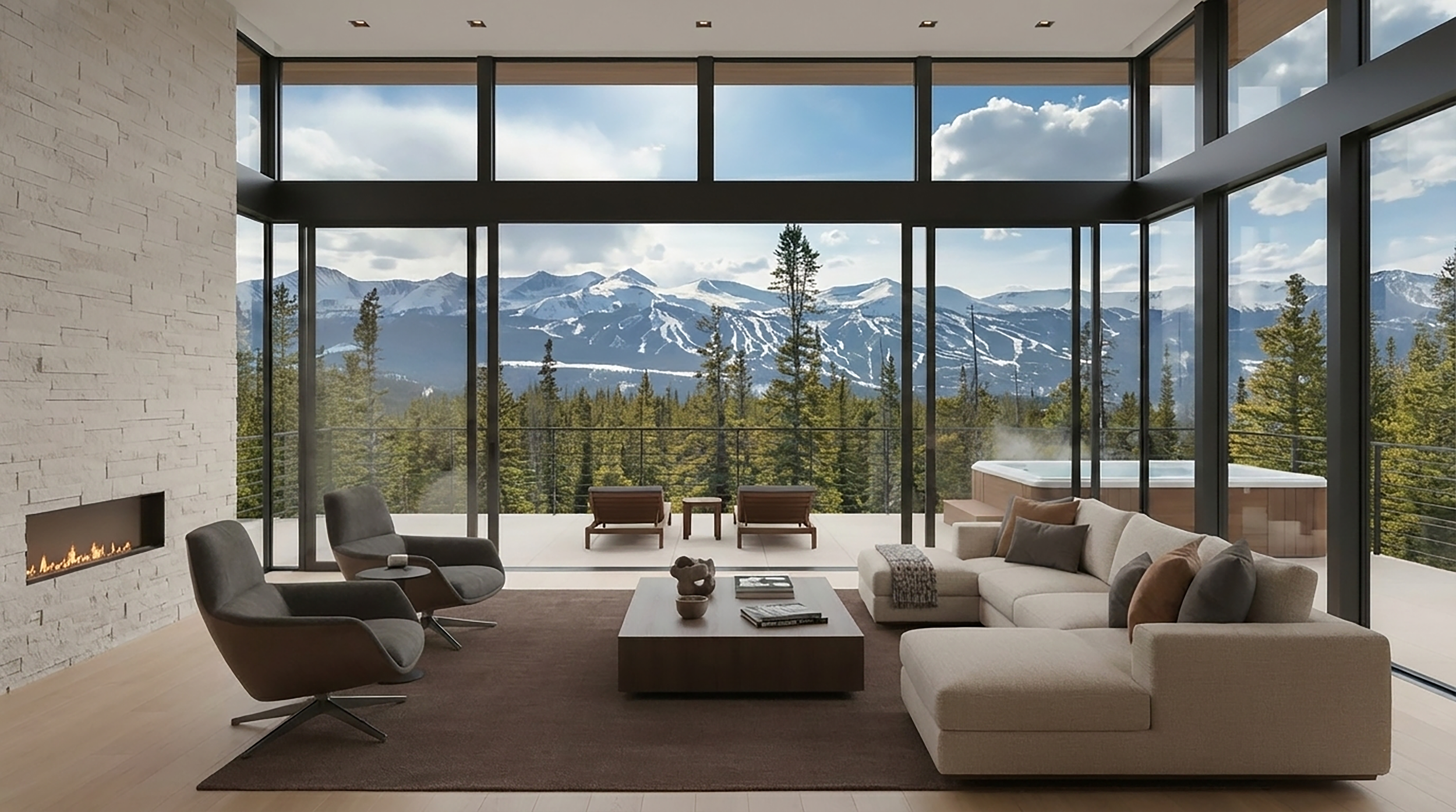 Modern living room with large floor-to-ceiling windows showcasing a mountain landscape with snow-capped peaks and green pine trees. The room has a white sofa, gray armchairs, a wooden coffee table, and a gas fireplace mounted on a white brick wall.