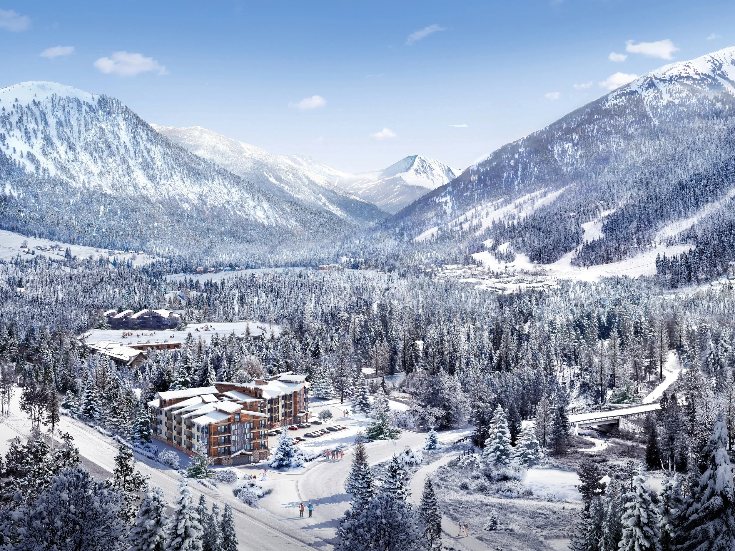 Snow-covered mountains with a valley containing buildings and trees, people skiing and walking, under a partly cloudy sky.