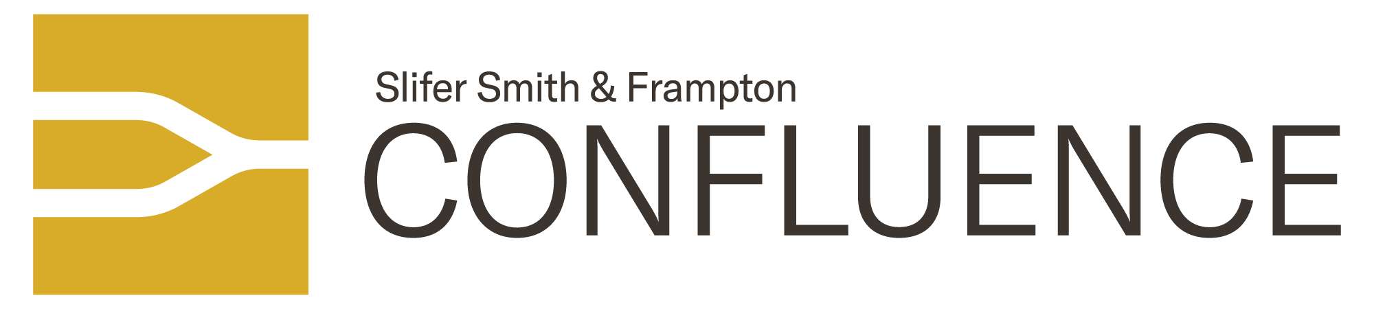 Confuence logo with black and gold colors, showing an abstract design resembling combined arrow and funnel, with the words "Slifer Smith & Frampton" and "Confuence" written beside.