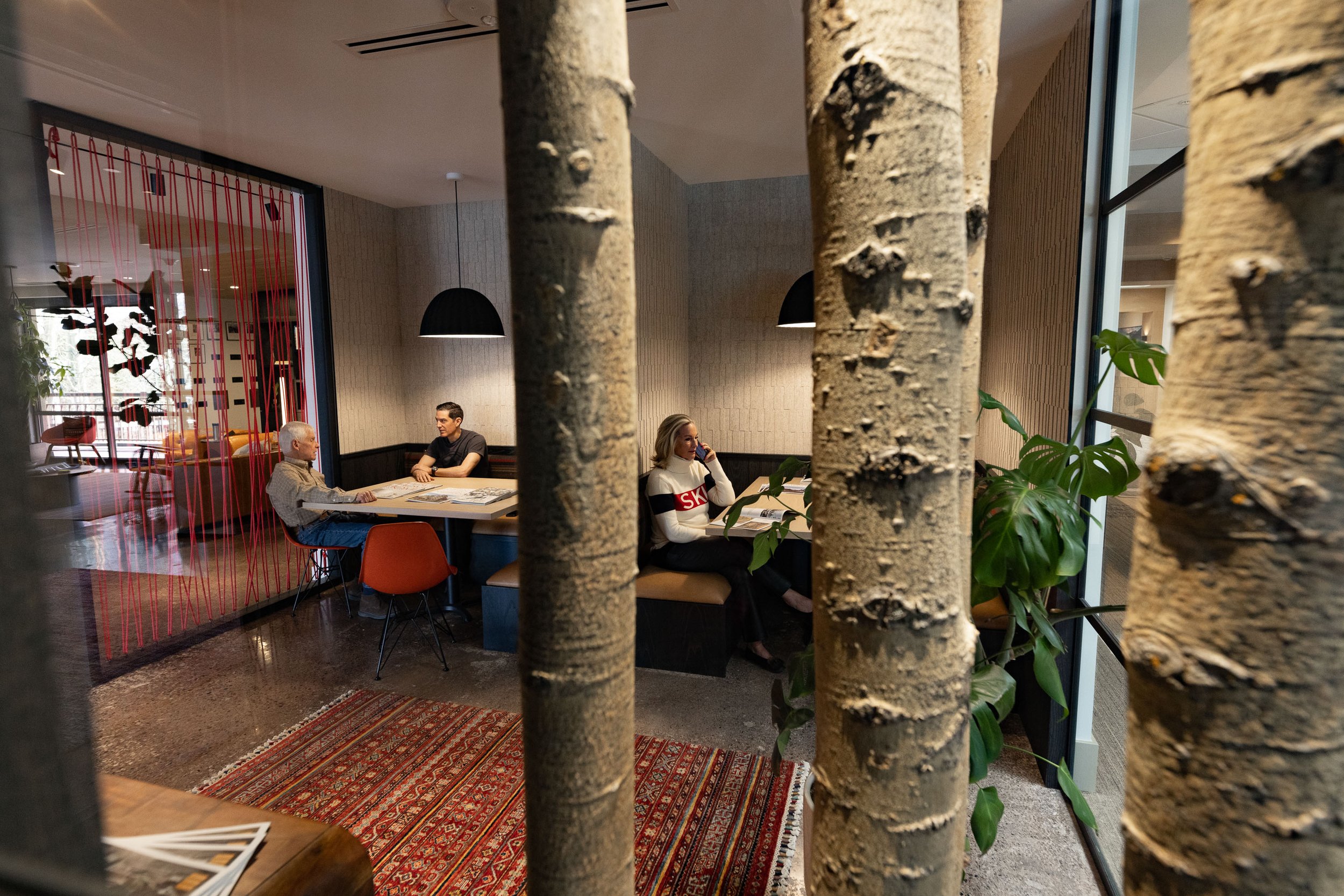 People sitting and talking inside a modern restaurant or cafe, framed by tree trunks, with colorful chairs and a patterned rug.