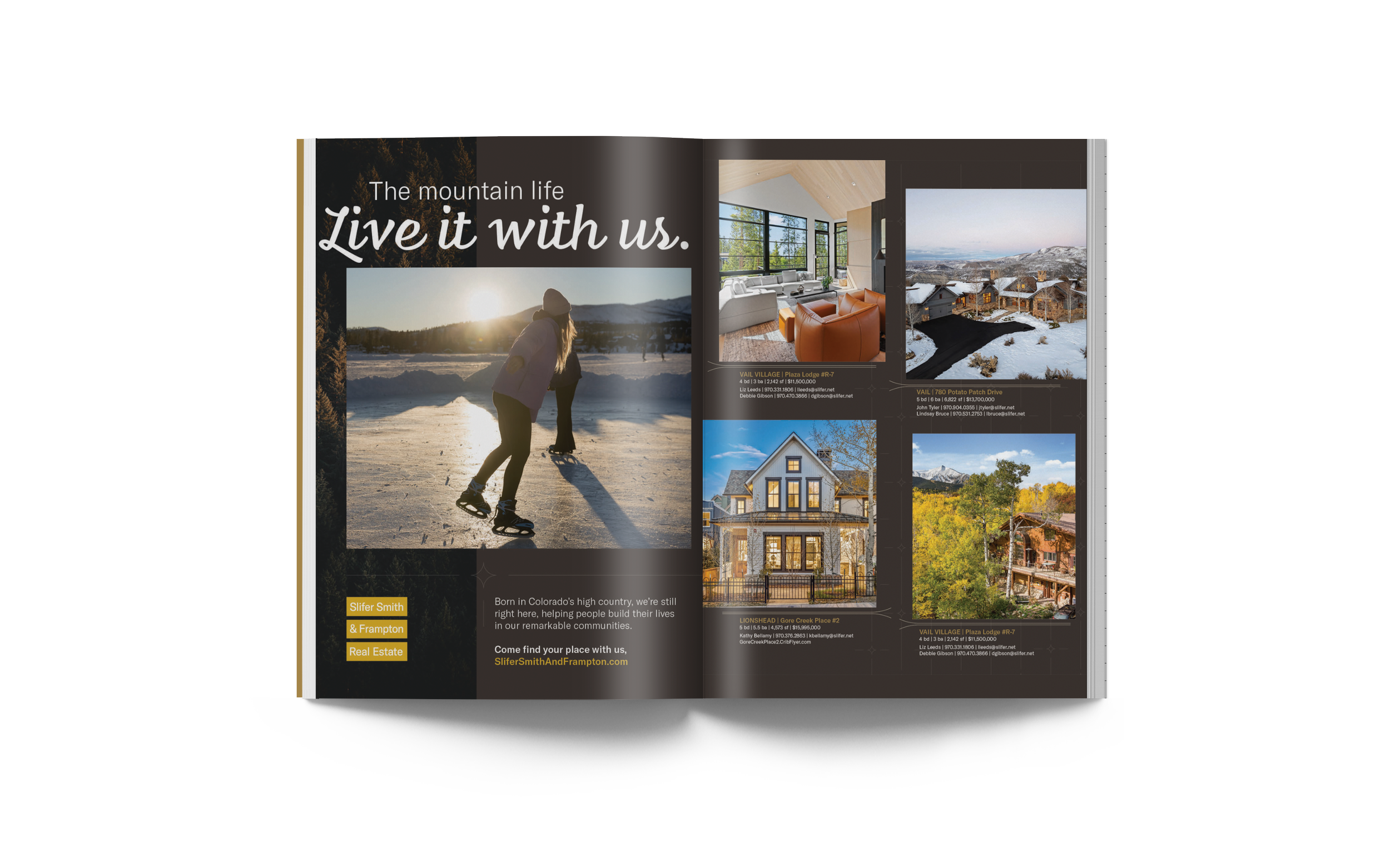 Open magazine spread featuring mountain landscape photos, interior home images, and real estate listings with descriptions and contact information.